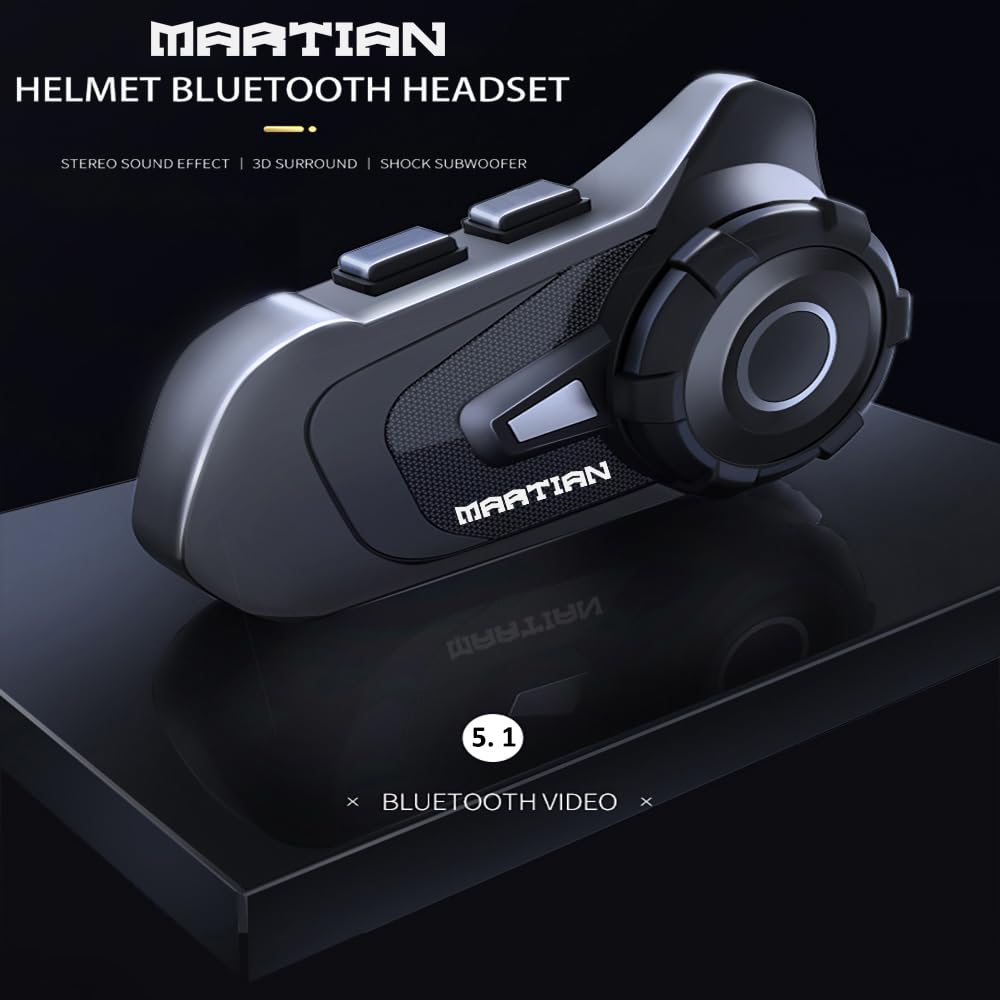 Martian Motorcycle Helmet Bluetooth 5.1 Headset - Wireless IP67 Waterproof Intercom System for Motorcycling, Biking & Skiing - 1000M Range, 2-in-1 Microphone, 2 Riders Communication - Perfect for Adventure Rides, Commuting & Outdoor Sports (Blue T-S2 Model)