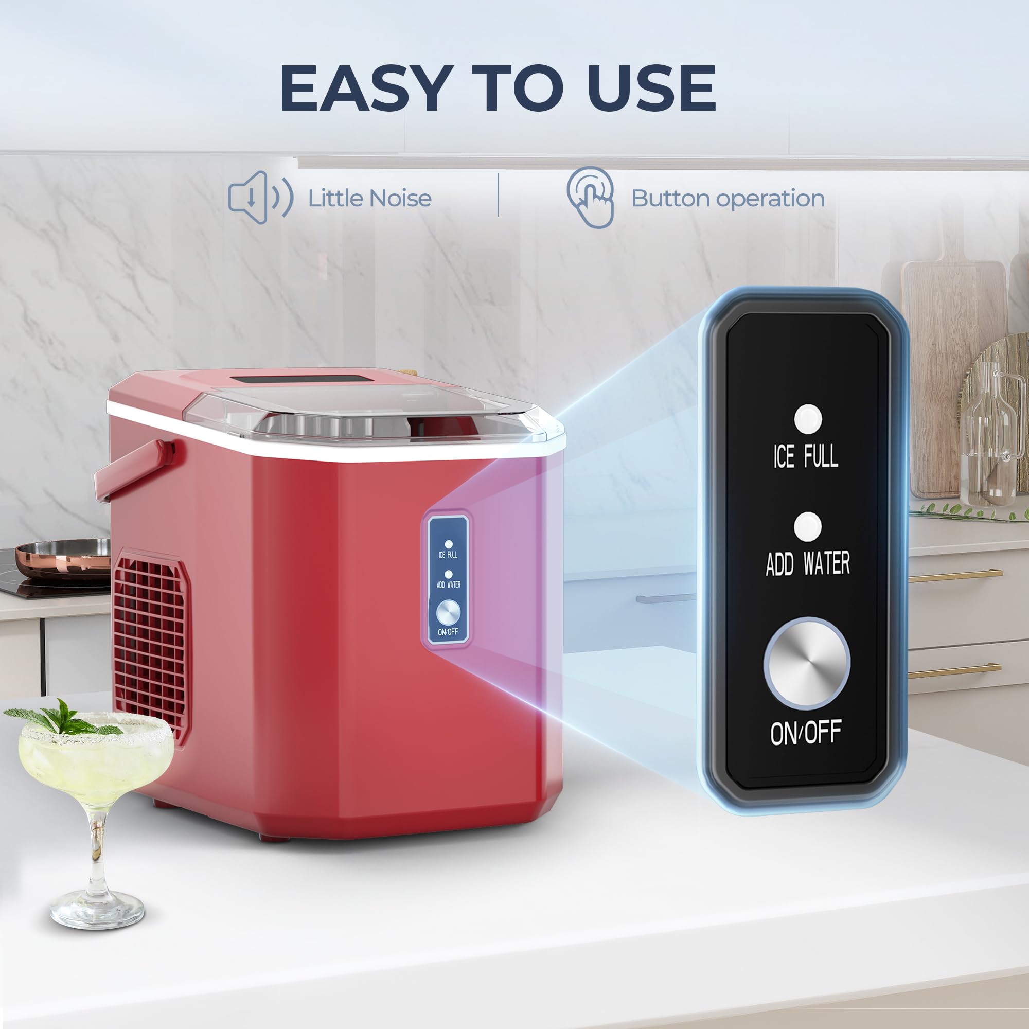 EUHOMY Portable Countertop Ice Maker - 9 Ice Cubes in 6 Minutes, 26lbs Daily Output, Self-Cleaning with Ice Scoop & Basket, Compact Ice Machine for Home, Kitchen, Office, RV, Camping & Parties (Red)