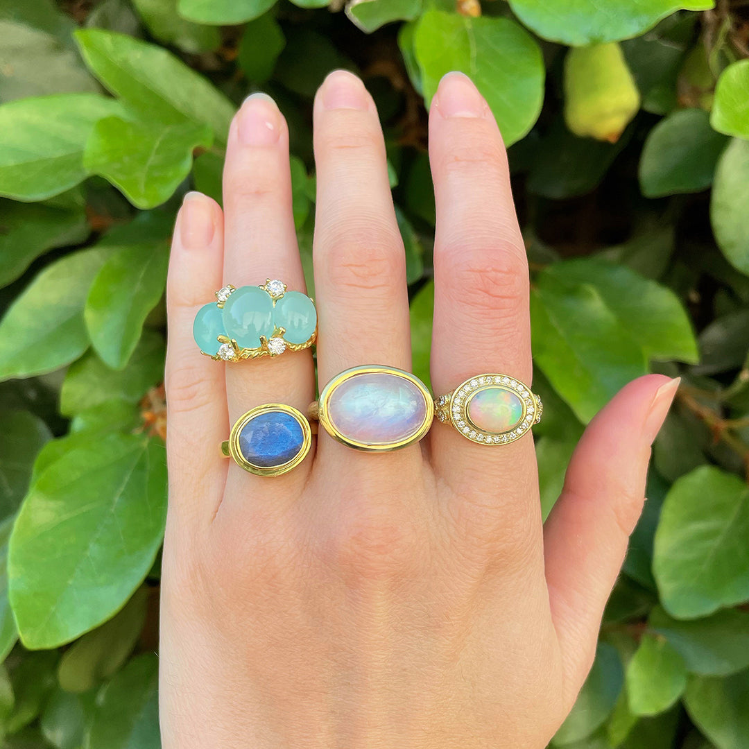 14K Yellow Gold Oval Cabochon Opal & Diamond Ring for Women - Elegant Jewelry Gift for Engagement, Anniversary & Special Occasions