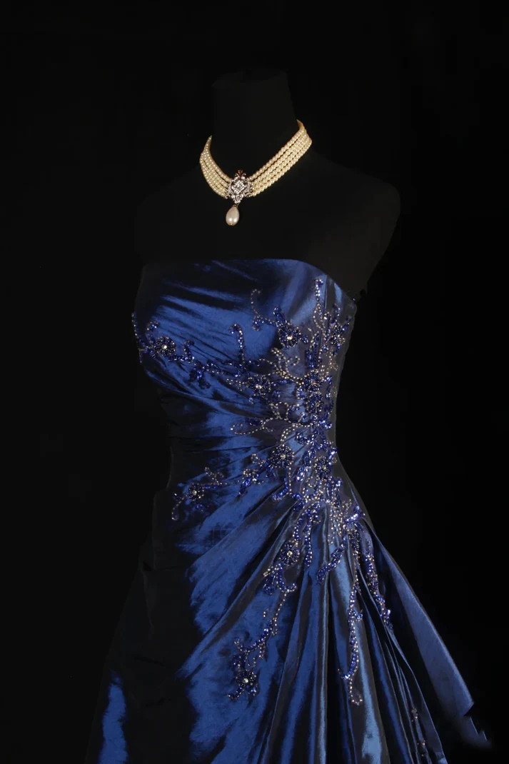 Elegant Navy Blue Strapless Ball Gown - Satin Long Prom Dress with Beaded Details (Style J6746) | Perfect for Homecoming, Formal Dances & Special Occasions