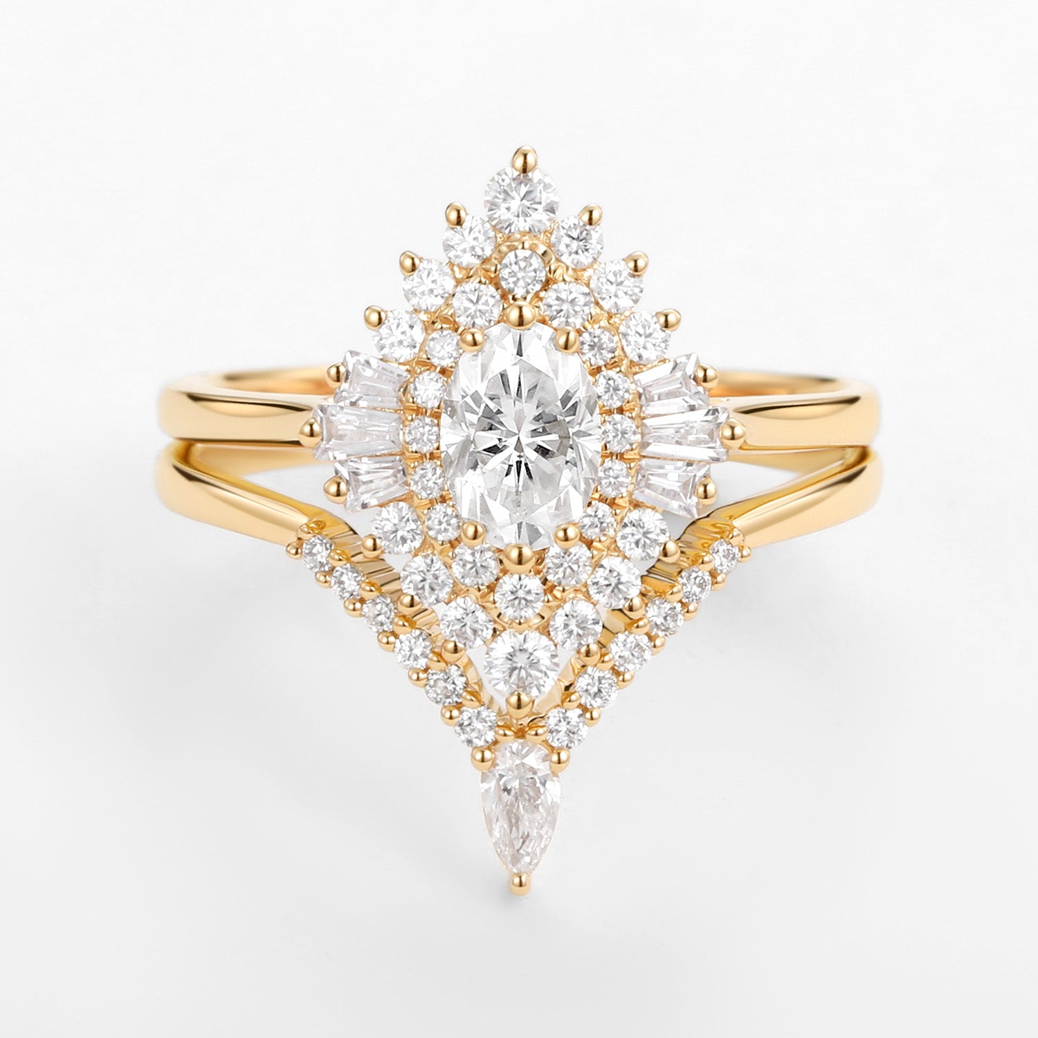Art Deco Oval Cut Moissanite Minimalist Pointed Halo Engagement Ring Set (2-Piece) - Perfect for Wedding, Proposal & Anniversary Gifts