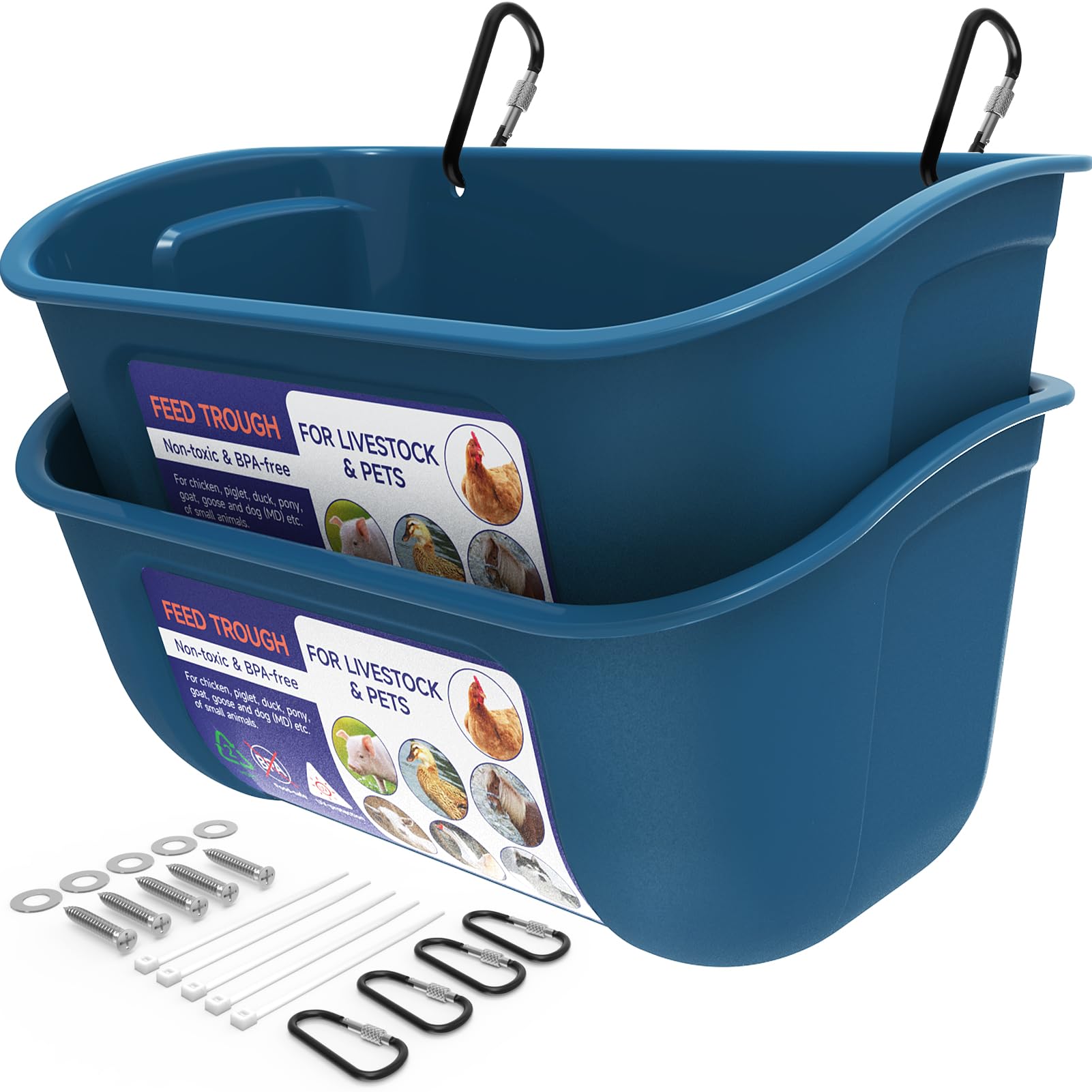 Goovilla 5 Quart Chicken Feeder and Waterer - 2 Pack Hanging or Screw-in Plastic Poultry Feeder with Clips for Ducks, Piglets, Sheep, Dogs - Blue Livestock Feeding Bucket for Coops, Farms, and Backyard Poultry Raising