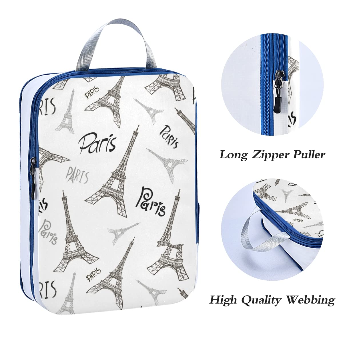 MNSRUU Packing Cubes Set - 3PC Eiffel Tower White Compression Travel Organizer for Luggage & Suitcases | Space-Saving Foldable Packing Bags for Vacation, Business Trips & Weekend Getaways