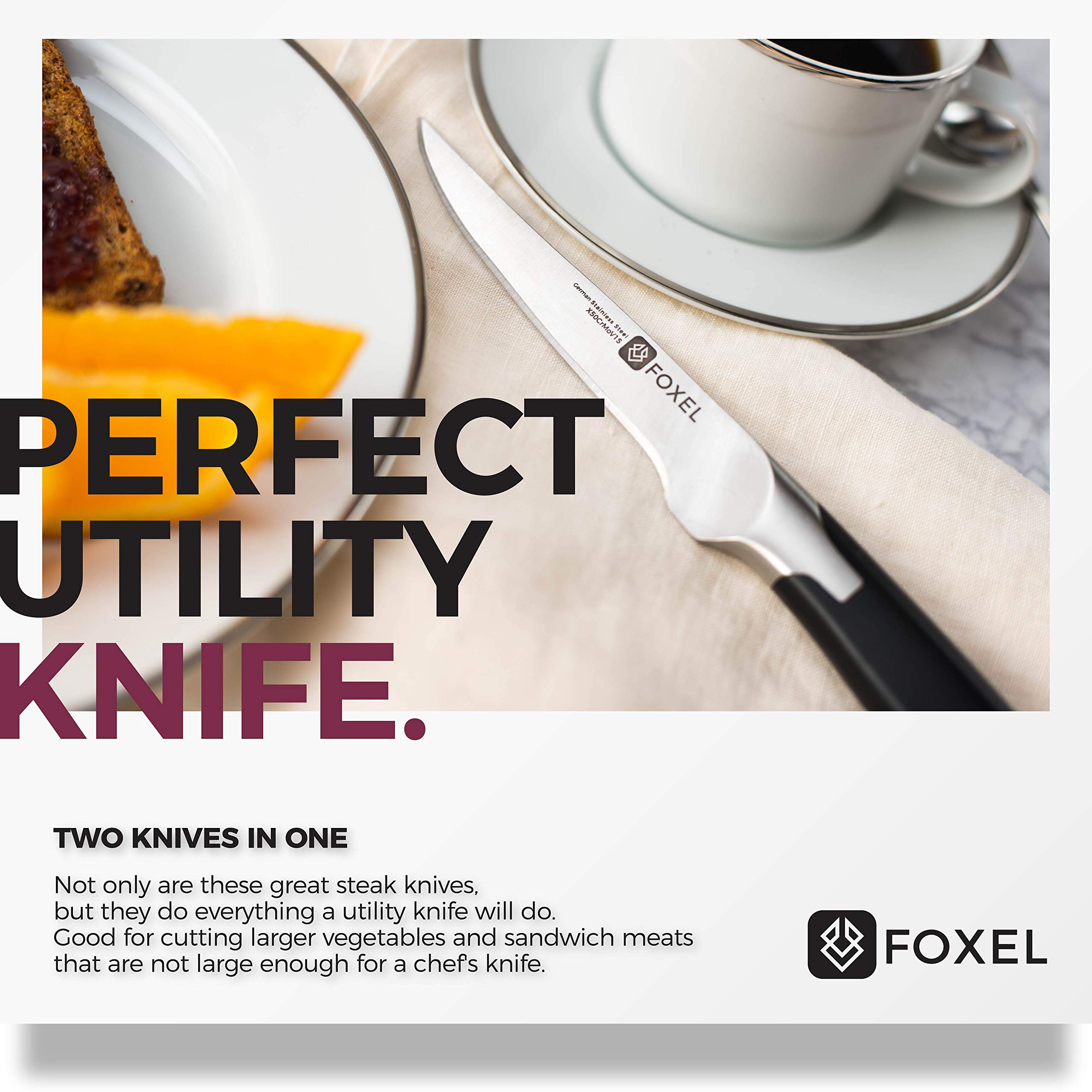 FOXEL Premium Steak Knife Set - 4, 8, or 12 Piece Non-Serrated Straight Edge Razor Sharp Knives - Japanese VG10 Stainless Steel Rust Resistant - Gift Box Included - Hand Wash Only - Perfect for Steak Dinners, BBQ Parties & Fine Dining Experience