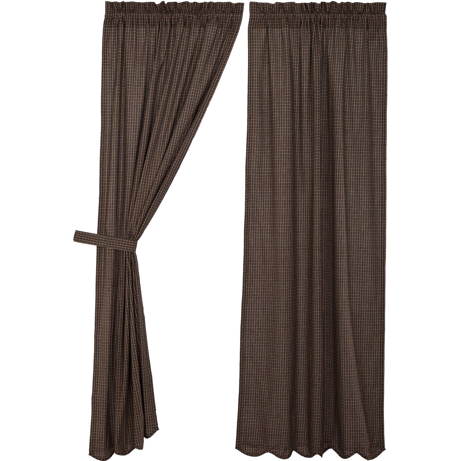 VHC Brands Kettle Grove Plaid Panel Scalloped Set of 2 Country Curtains 84x40 Inches - Black Checkered Farmhouse Window Treatments for Living Room & Bedroom Decor