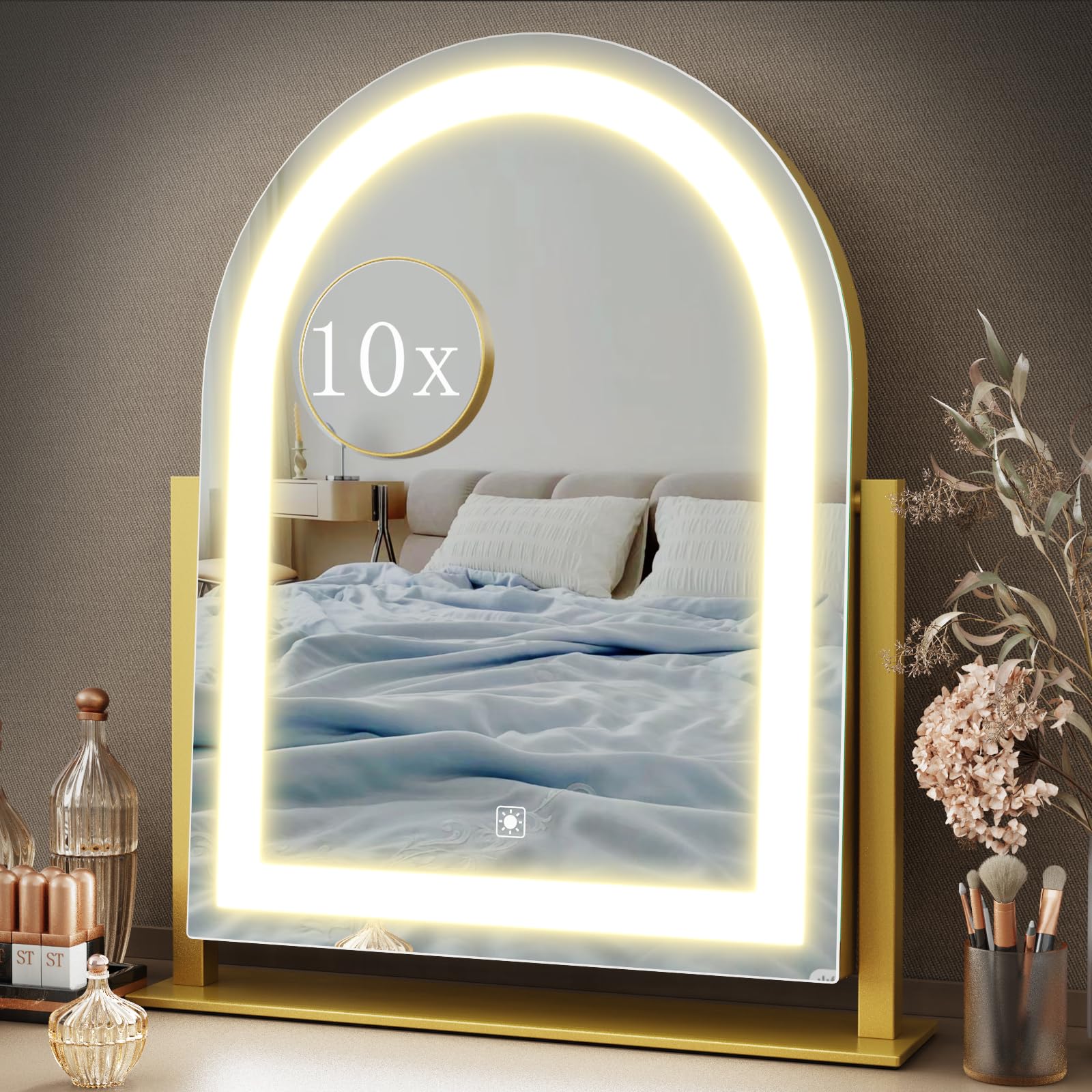 Hollywood Vanity Mirror with LED Lights - 3 Color Lighting Modes, 10X Magnification Detachable Mirror, Smart Touch Control & 360° Rotation (15.2