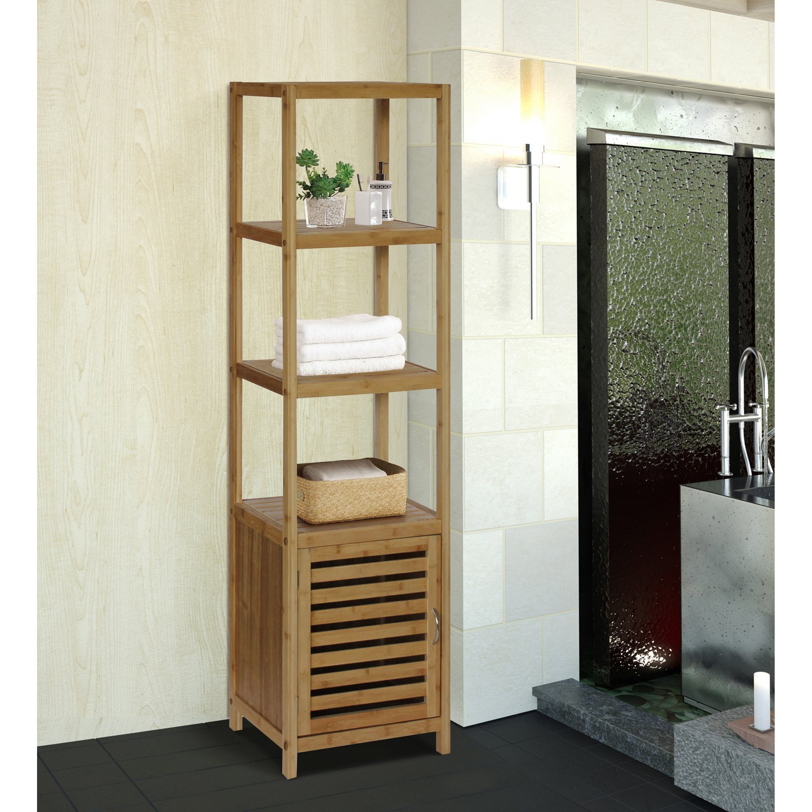 Natural Spa Bamboo 5-Shelf Tower Cabinet - White Bathroom Storage Organizer for Towels, Toiletries & Spa Essentials - Perfect for Bathroom, Bedroom or Laundry Room Organization