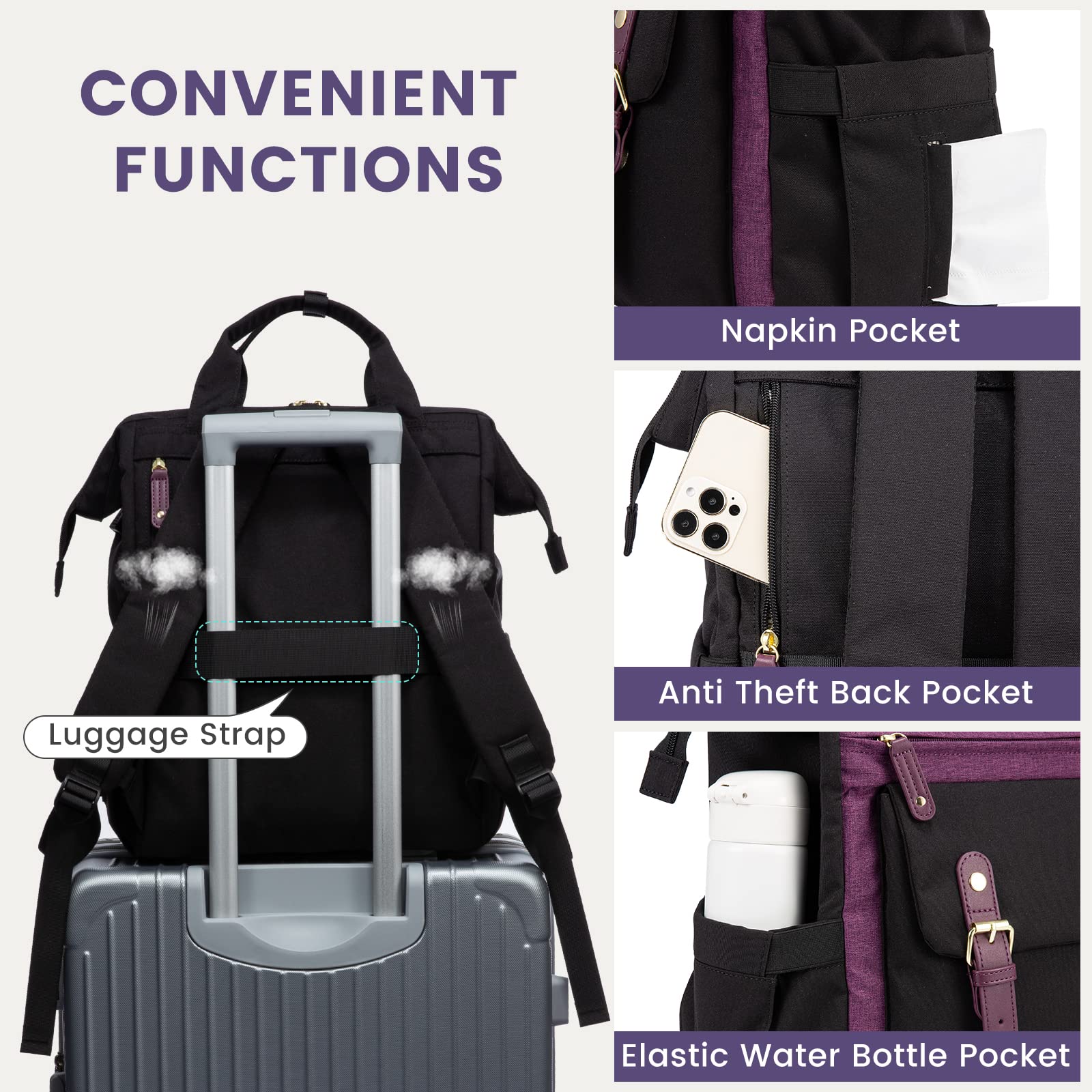 LOVEVOOK 15.6 Inch Laptop Backpack for Women - Waterproof USB Charging Port Work Bag, College Backpack for Nurse & Teacher, Business Travel Computer Bag - Perfect for Office, School & Commuting (Black-Purple)