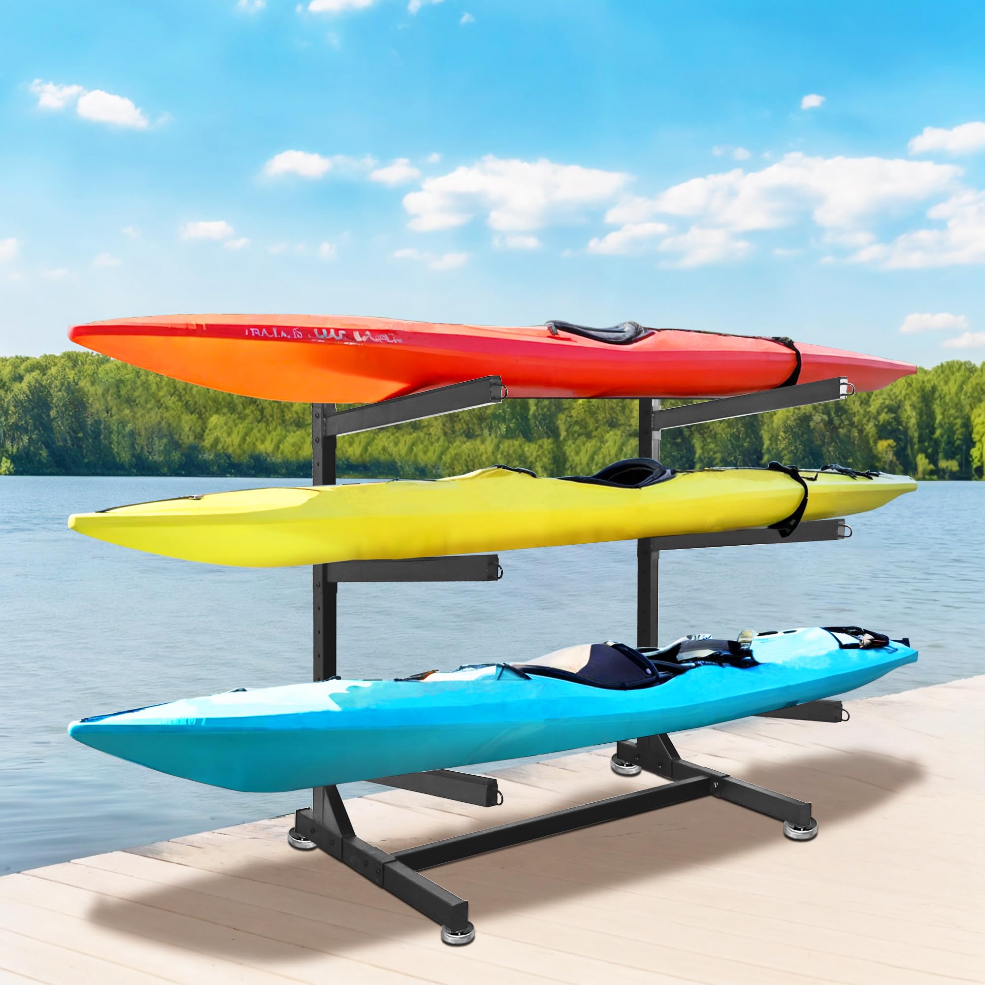 Heavy Duty 3-Tier/2-Tier Kayak Storage Rack - Freestanding Stand Up Paddleboard & Surfboard Holder for Garage, Backyard or Dock Organization