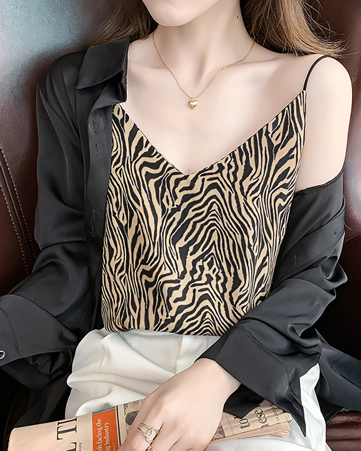 Zebra Stripe Silk Camisole for Women - Elegant Satin Sleepwear & Loungewear - Perfect for Nightwear, Bridal Shower, and Romantic Occasions