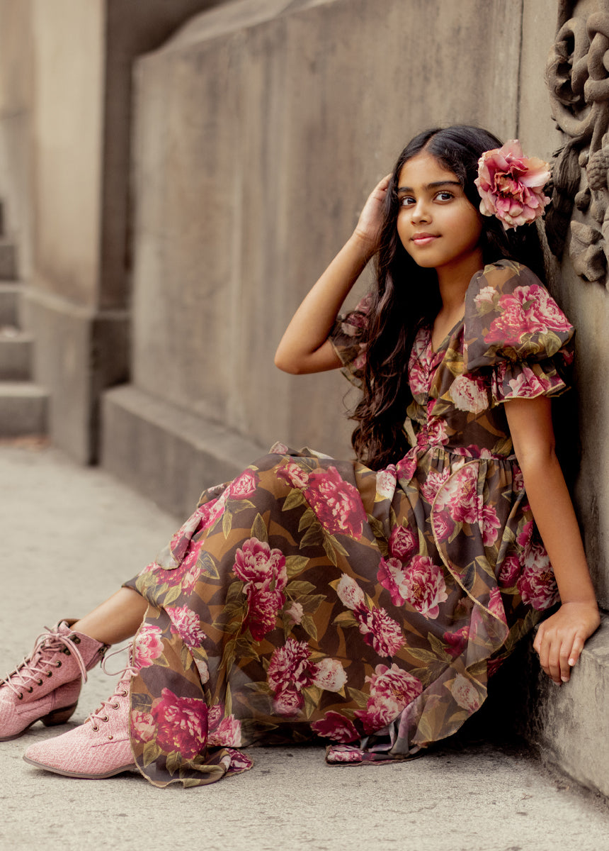 Kayden Floral Print Dress in Bistre - Elegant Women's Summer Dress for Casual Outings & Special Occasions