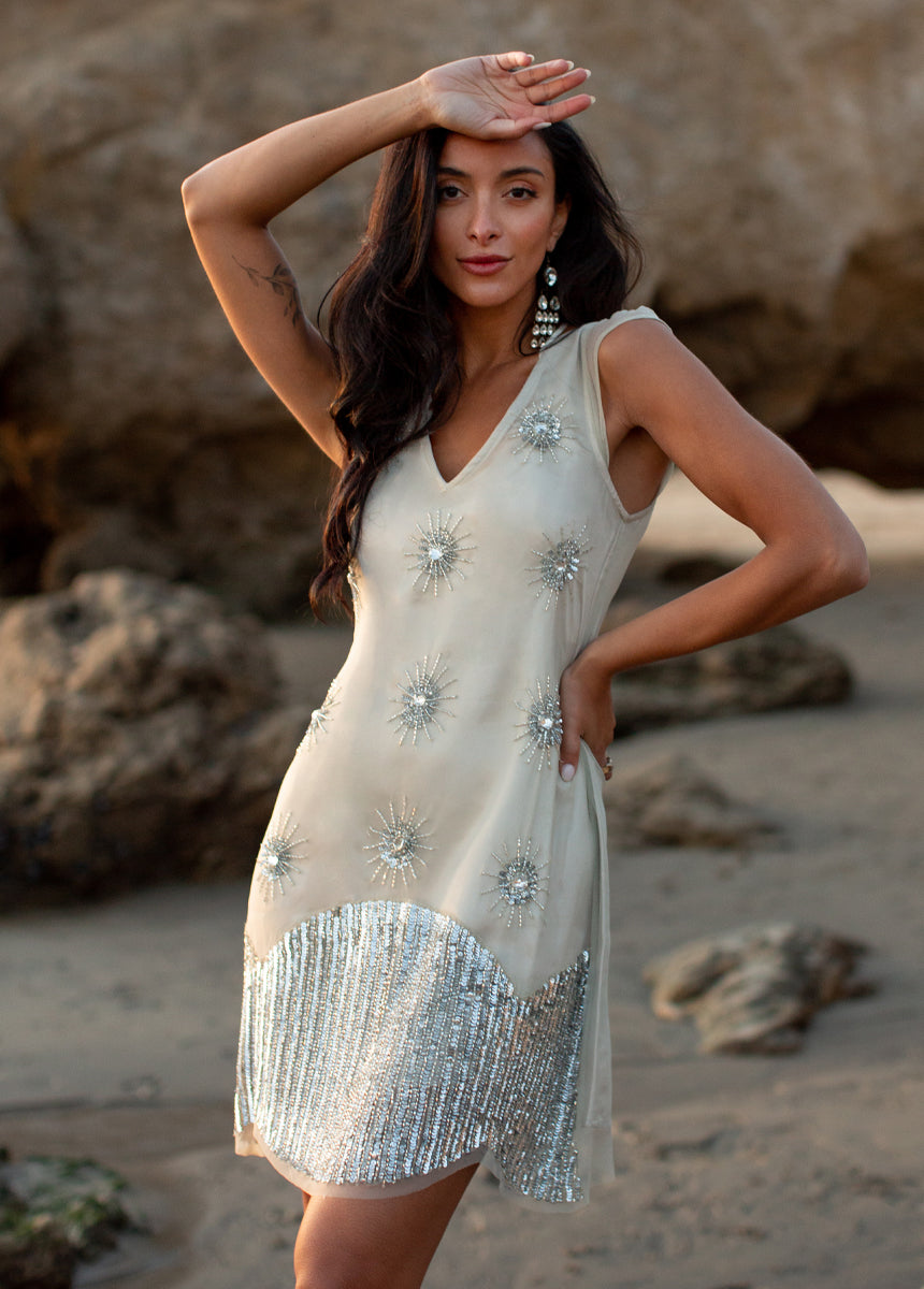 Lavinia Silver Sequin Party Dress for Women - Elegant Evening Gown for Prom, Wedding Guest & Special Occasions