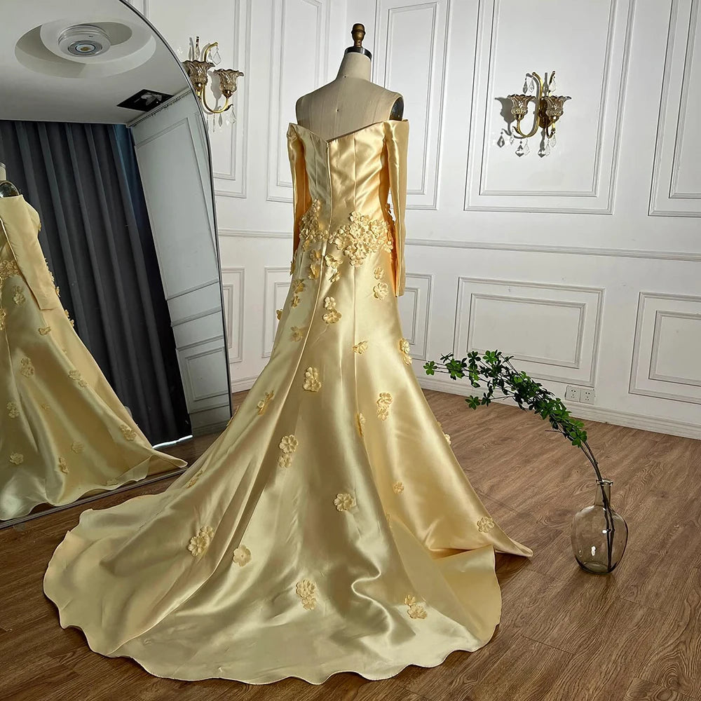 Luxury Dubai Arabia Yellow A-Line Satin Applique Evening Gown for Women - Formal Occasion Wedding Prom Party Dress LA72833 | Elegant Ball Gown for Special Events & Red Carpet