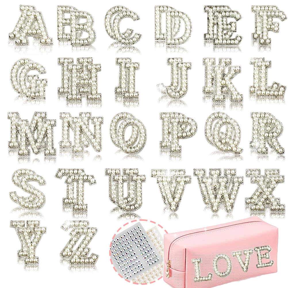 52 Pcs Self-Adhesive Pearl Letter Patches A-Z with Glitter - Large Alphabet Patches for Graduation Caps, DIY Crafts, Scrapbooking & Clothing Decoration (White)