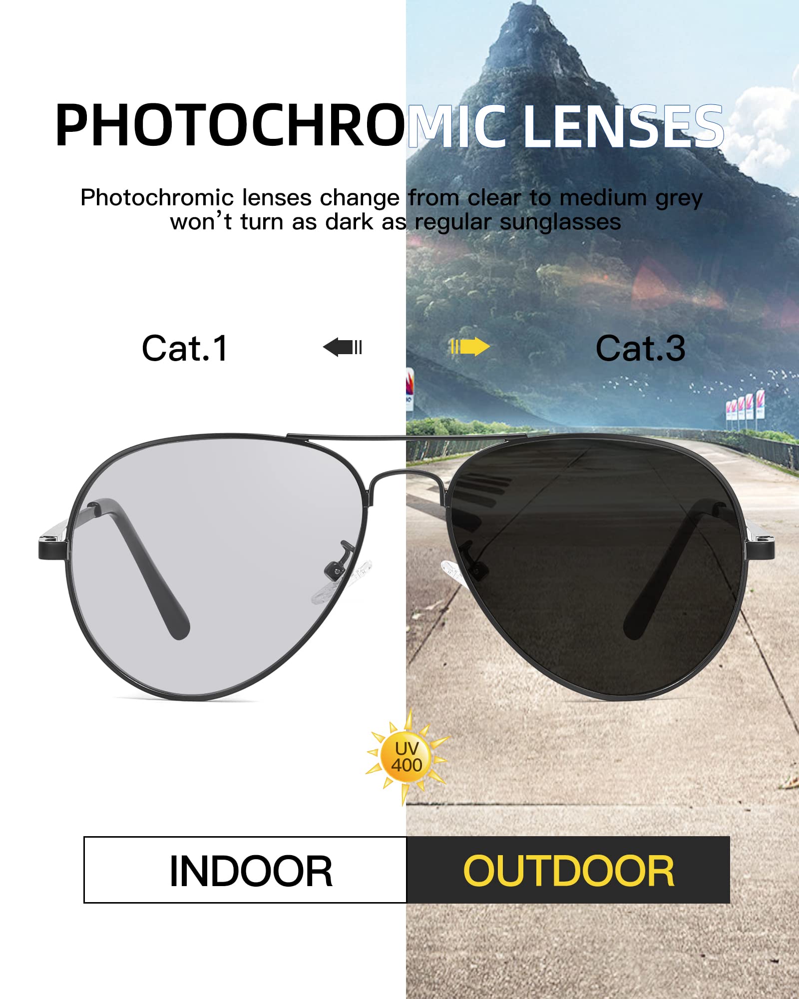 TJUTR Aviator Photochromic Sunglasses for Men & Women - Polarized Polycarbonate Lenses with AR Coating & UV400 Protection - Light Adaptive for Driving, Cycling, Hiking & Outdoor Activities