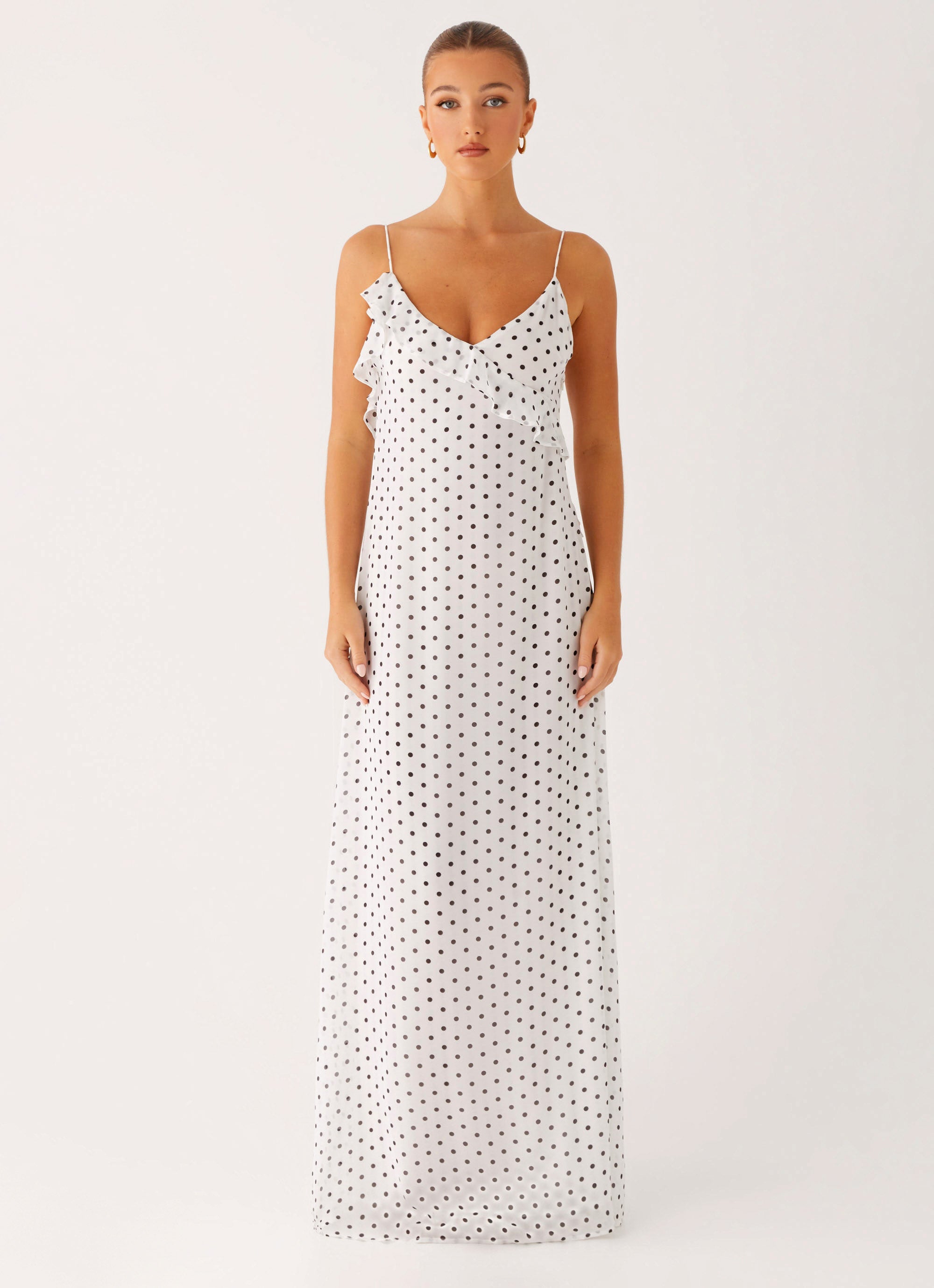 Harri Maxi Dress - White Polka Dot Flowy Summer Dress for Women | Beach Wedding, Vacation & Casual Wear
