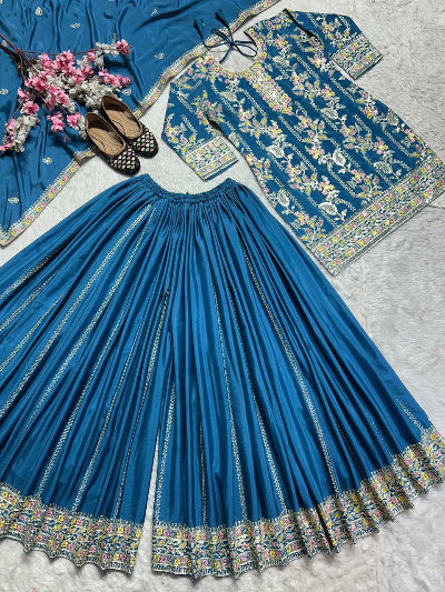 Elegant Ocean Blue Chinnon Silk Short Kurti with Palazzo & Dupatta Set - Perfect for Festivals, Weddings & Ethnic Parties