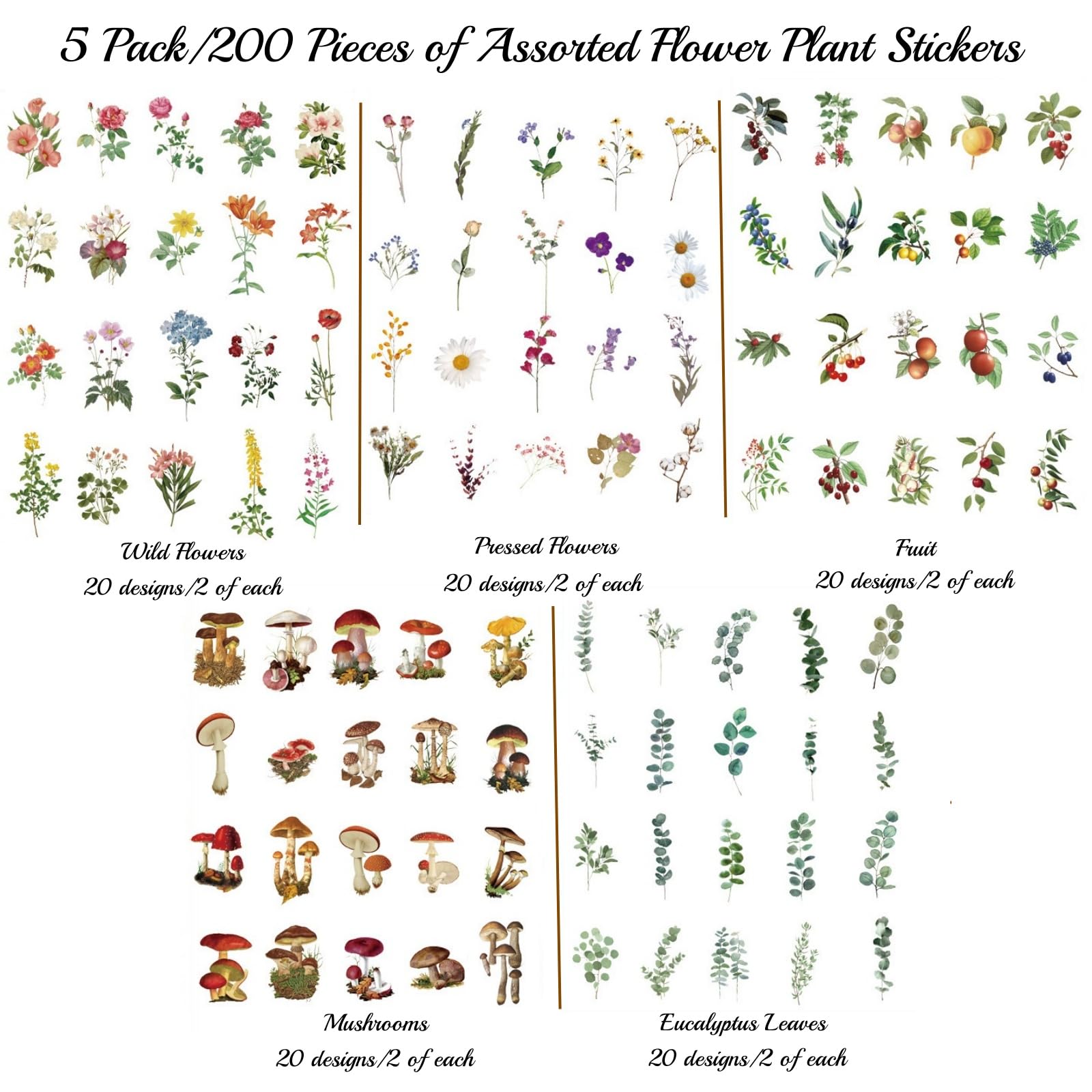 200PCS Flower Eucalyptus Plant Stickers Set - PET Transparent Waterproof Decals for DIY Crafts, Scrapbooking, Bullet Journal, Planner - Perfect for Water Bottles, Phone Cases, Laptops & Home Decor
