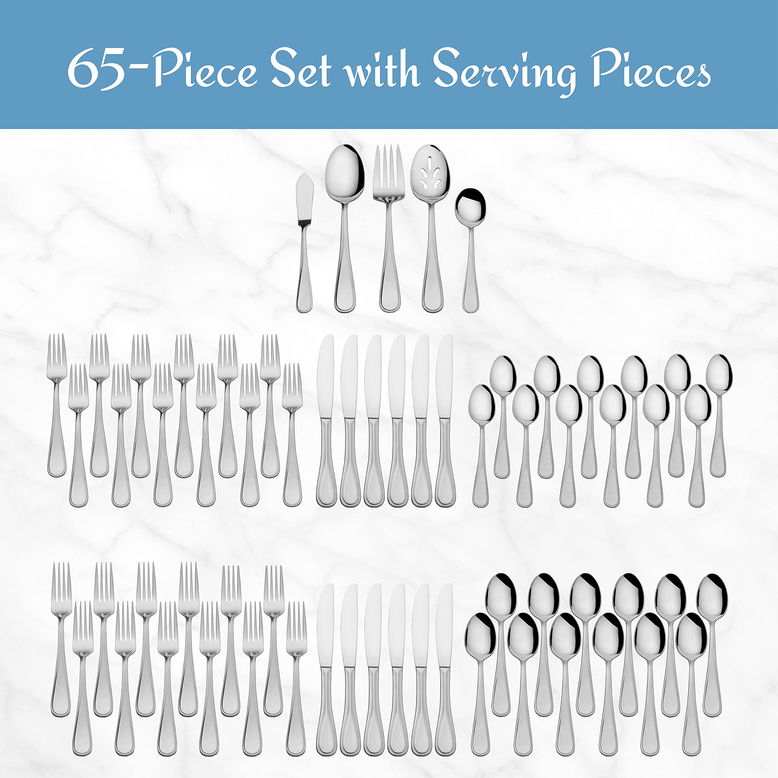 Premium Mikasa Bravo 65-Piece Flatware Set for 12 - 18/10 Stainless Steel Silverware with Serving Utensils - Elegant Dinnerware for Formal Dining, Weddings & Entertaining
