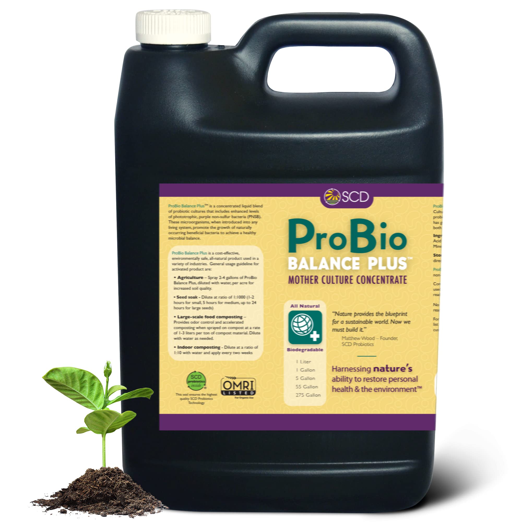 SCD Probiotics ProBio Balance Plus - Super Concentrated Soil Conditioner with Effective Beneficial Microorganisms & PNSB Phototrophs - OMRI Listed Organic Fertilizer for Farm, Lawn, Garden - 1 Gallon - Improves Soil Health for Vegetables, Flowers & Grass