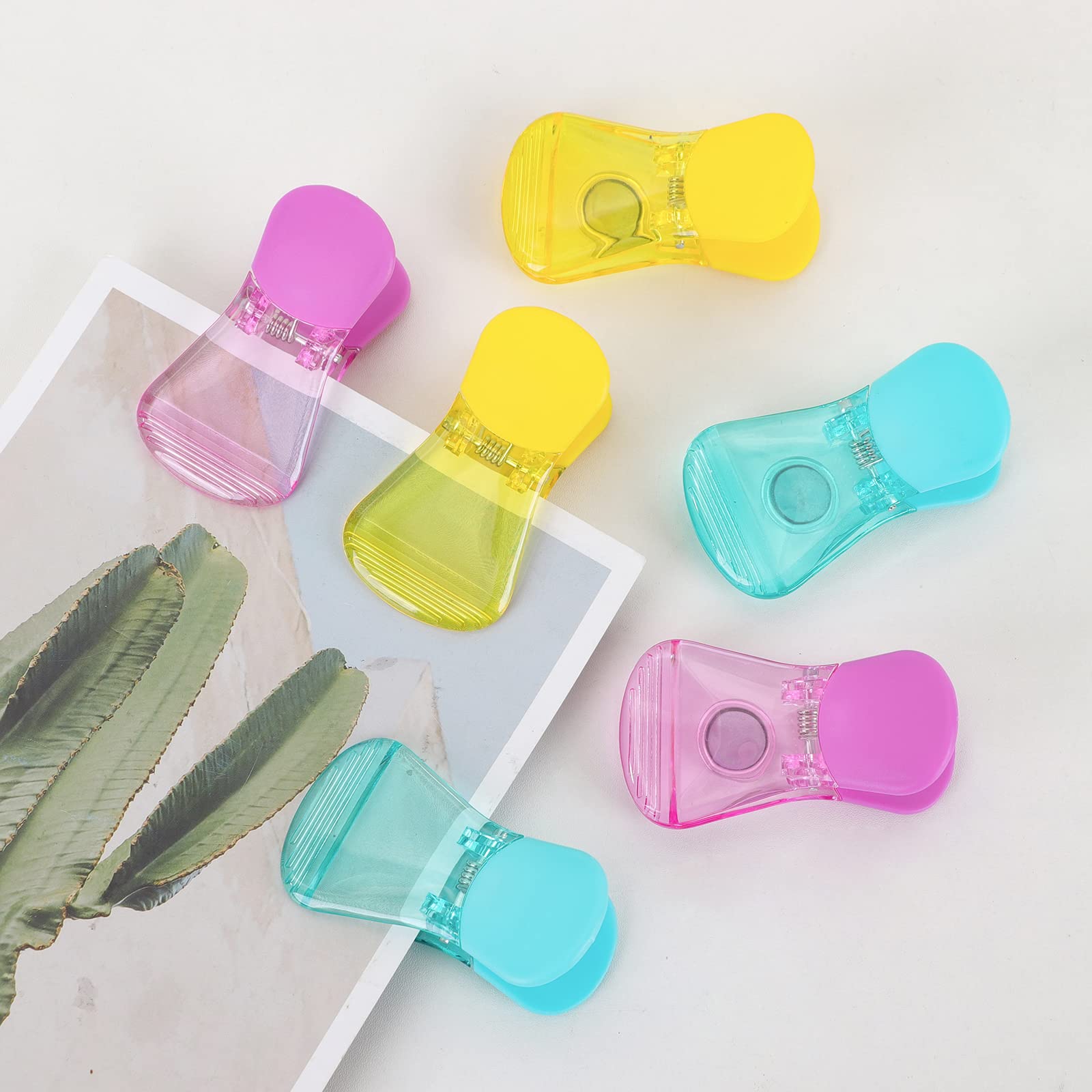 Multipurpose Plastic Refrigerator Magnet Clips Set - 6 Pack Neon Color Magnetic Paper Clips & Snack Bag Clips for Kitchen, Office & School Organization