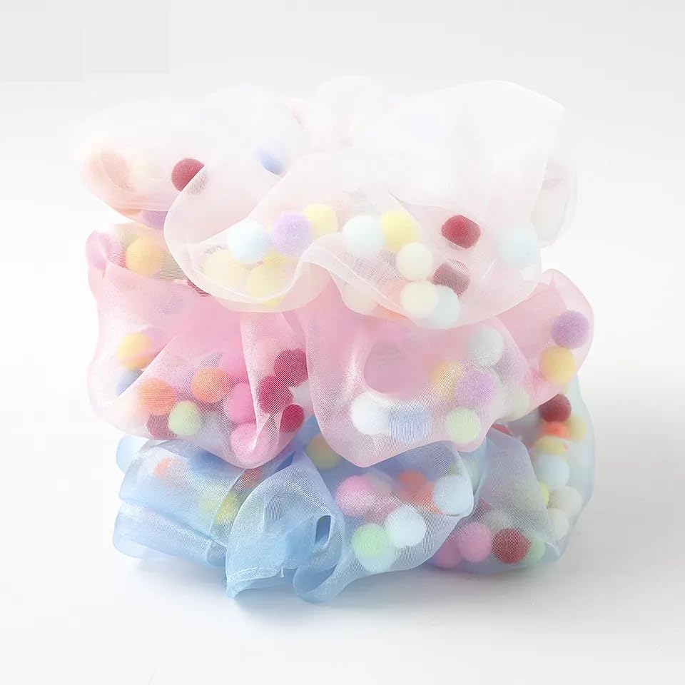 Honbon Soft, Light & Non-Slip Chiffon Scrunchies with Mesh Pom Pom Balls - 12 Pack Colorful Hair Ties for Women & Girls (Thin/Thick Hair) - Perfect for School, Work, Parties & Everyday Styling