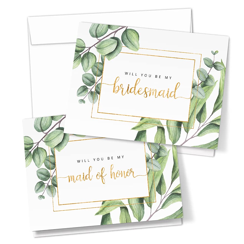 Will You Be My Bridesmaid Proposal Cards Set - 8 Bridesmaid & 2 Maid of Honor Cards with Envelopes | Greenery Wedding Party Invitation Stationery (10-Pack) - Perfect for Bridal Showers, Bachelorette Parties & Wedding Planning