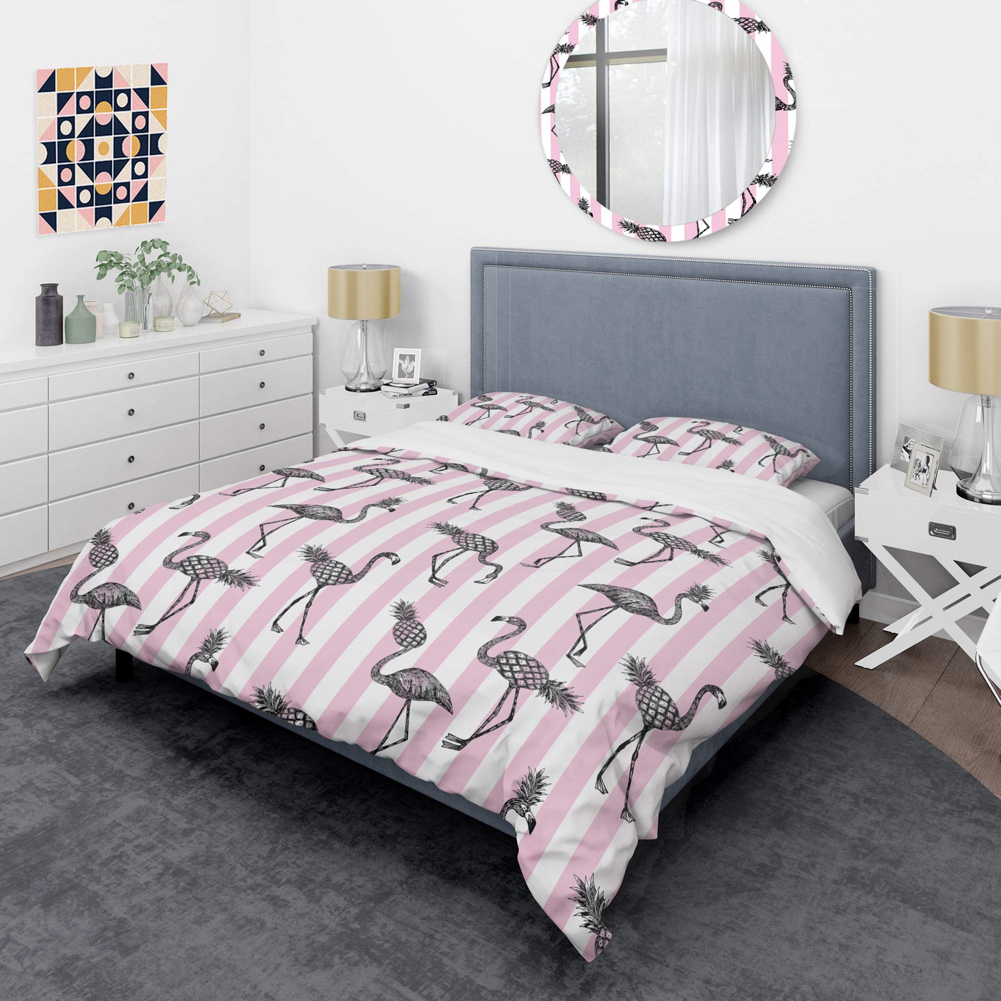 DesignQ Flamingo Pink Mid-Century Modern Duvet Cover Set - Twin Size 3-Piece All Season Bedding | Soft Pink Tropical Themed Duvet for Girls' Room, Guest Bedroom & Bohemian Decor
