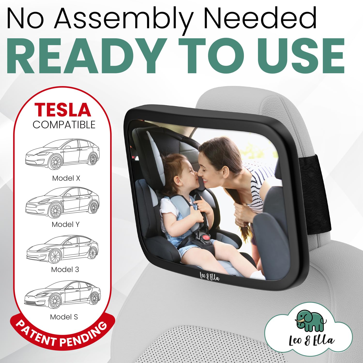 Leo and Ella Tesla Fixed Headrest Baby Car Mirror - Extra Large Shatterproof Rear-Facing Infant Mirror with Adjustable Safety Mount & Elastic Strap for Safe Driving - Perfect for Tesla Model 3/Y/X/S & Family Road Trips