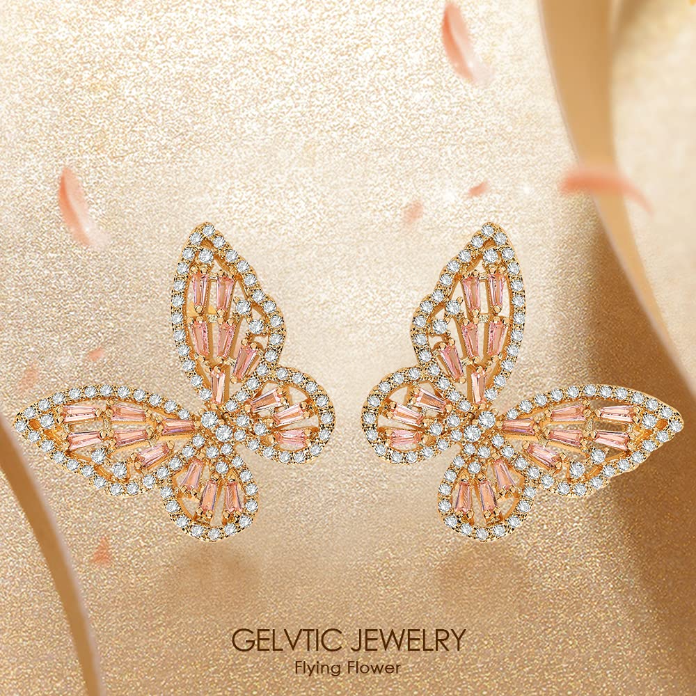 Sparkling Rhinestone Butterfly Bow Earrings for Women - Gold Crystal CZ Drop Dangle Earrings | Cubic Zirconia Sterling Silver Stud Earrings | Hypoallergenic Valentine's Day Jewelry Gift for Mom, Brides, Prom & Wedding | Perfect for Date Night, Parties & Special Occasions