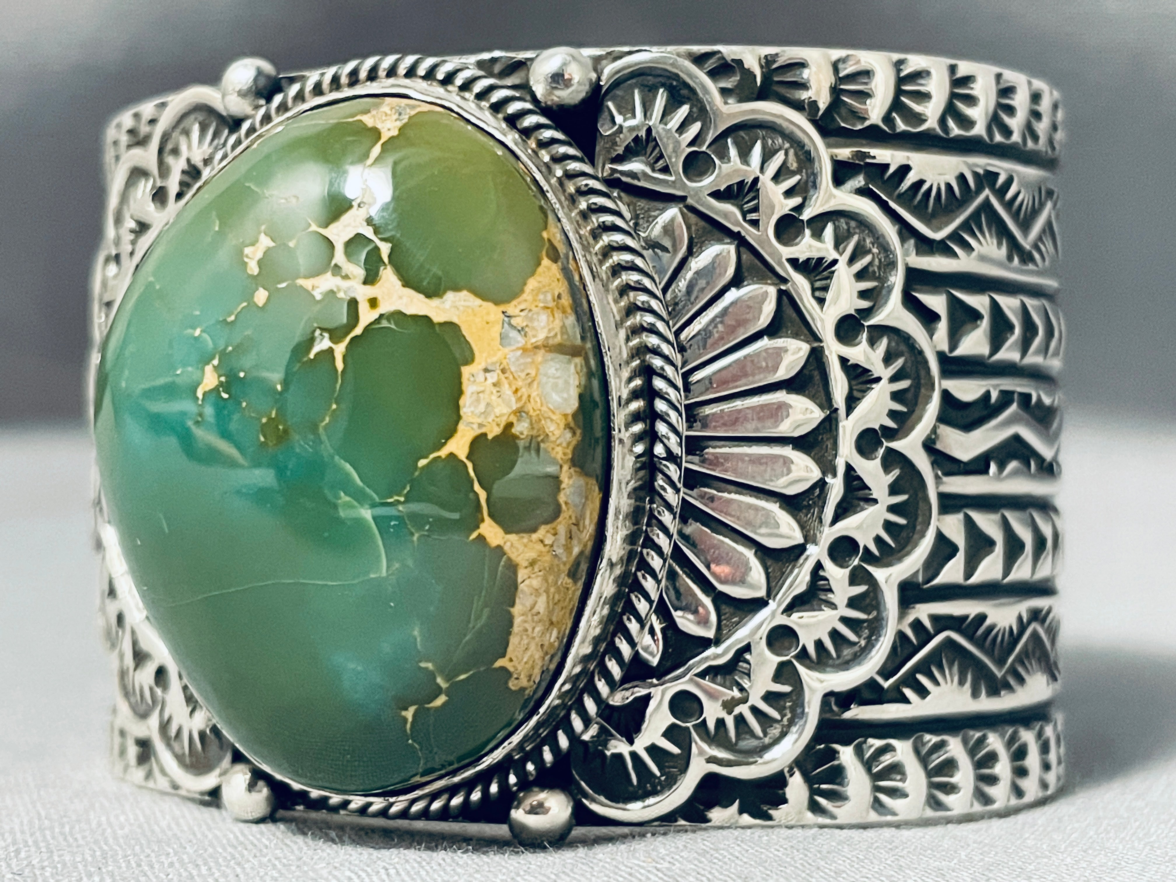 124 Gram Monster Men's Navajo Sterling Silver Bracelet with Green Turquoise - Handcrafted Native American Jewelry for Gifts, Fashion & Ceremonial Wear