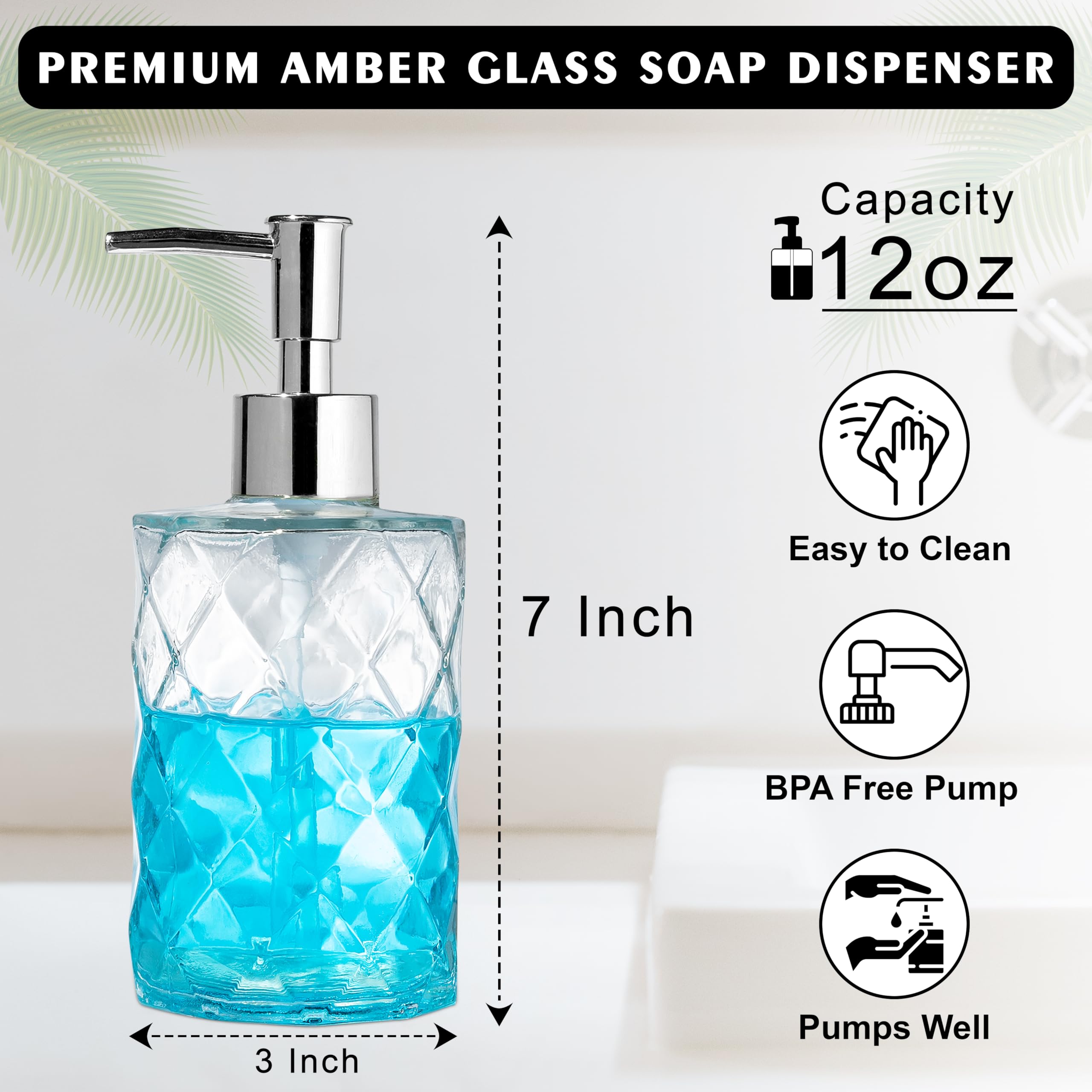 12 Oz Glass Soap Dispenser for Kitchen & Bathroom - Rustproof Pump, Crystal Clear Refillable Liquid Lotion Dispenser with Diamond Design - Perfect for Hand Soap, Dish Soap, and Lotion in Home & Office