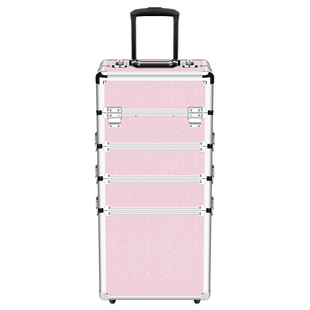 OUDMAY 4-in-1 Professional Makeup Train Case with Aluminum Frame & Folding Trays - Pink Diamond Cosmetic Organizer for Travel, Salon, and Home Beauty Storage
