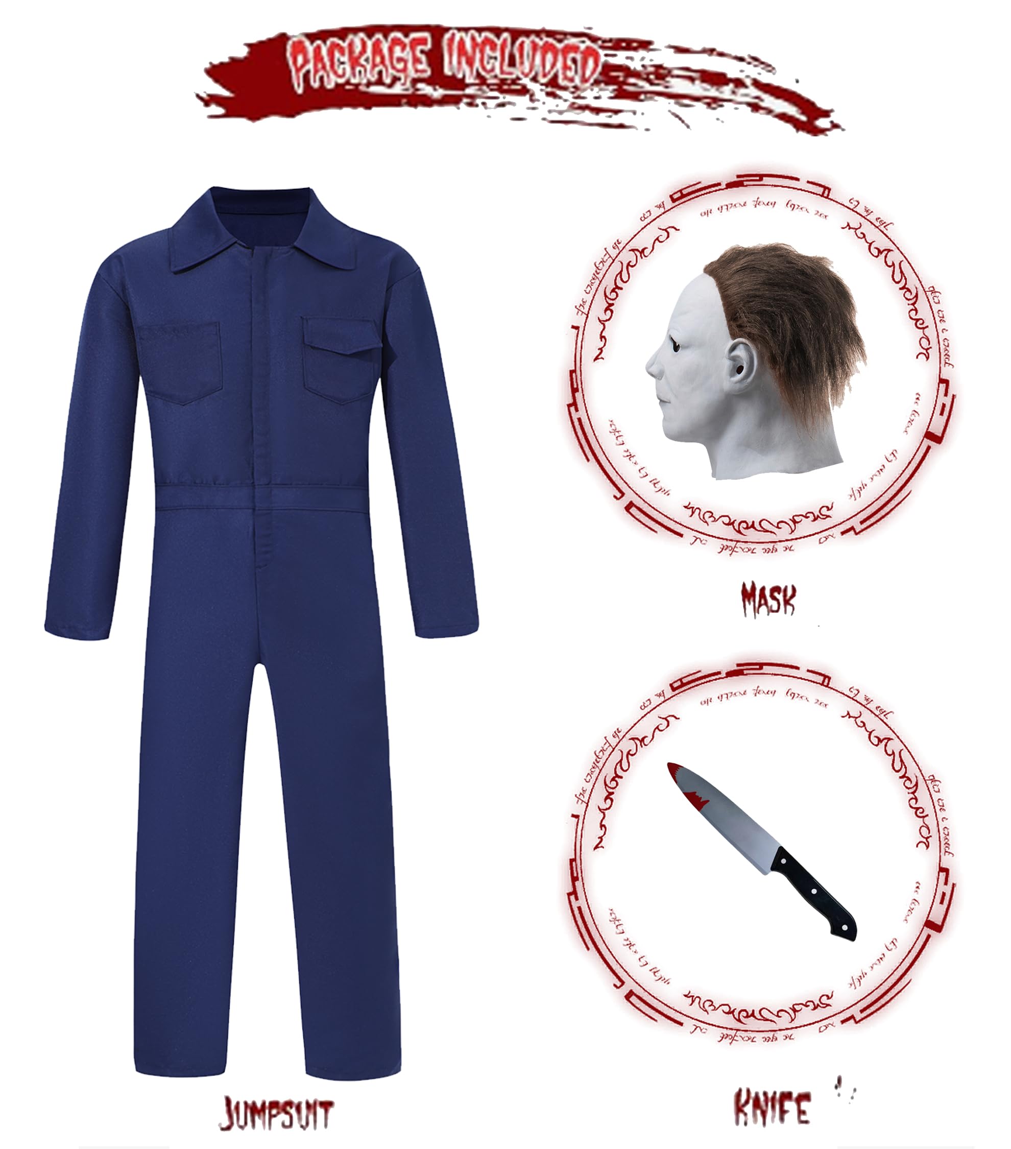Navy Blue Coveralls Jumpsuit - Horror Killer Halloween Cosplay Costume for Men with Mask & Toy Knife | Scary Movie Character Outfit, Halloween Party Costume, Cosplay Convention Attire