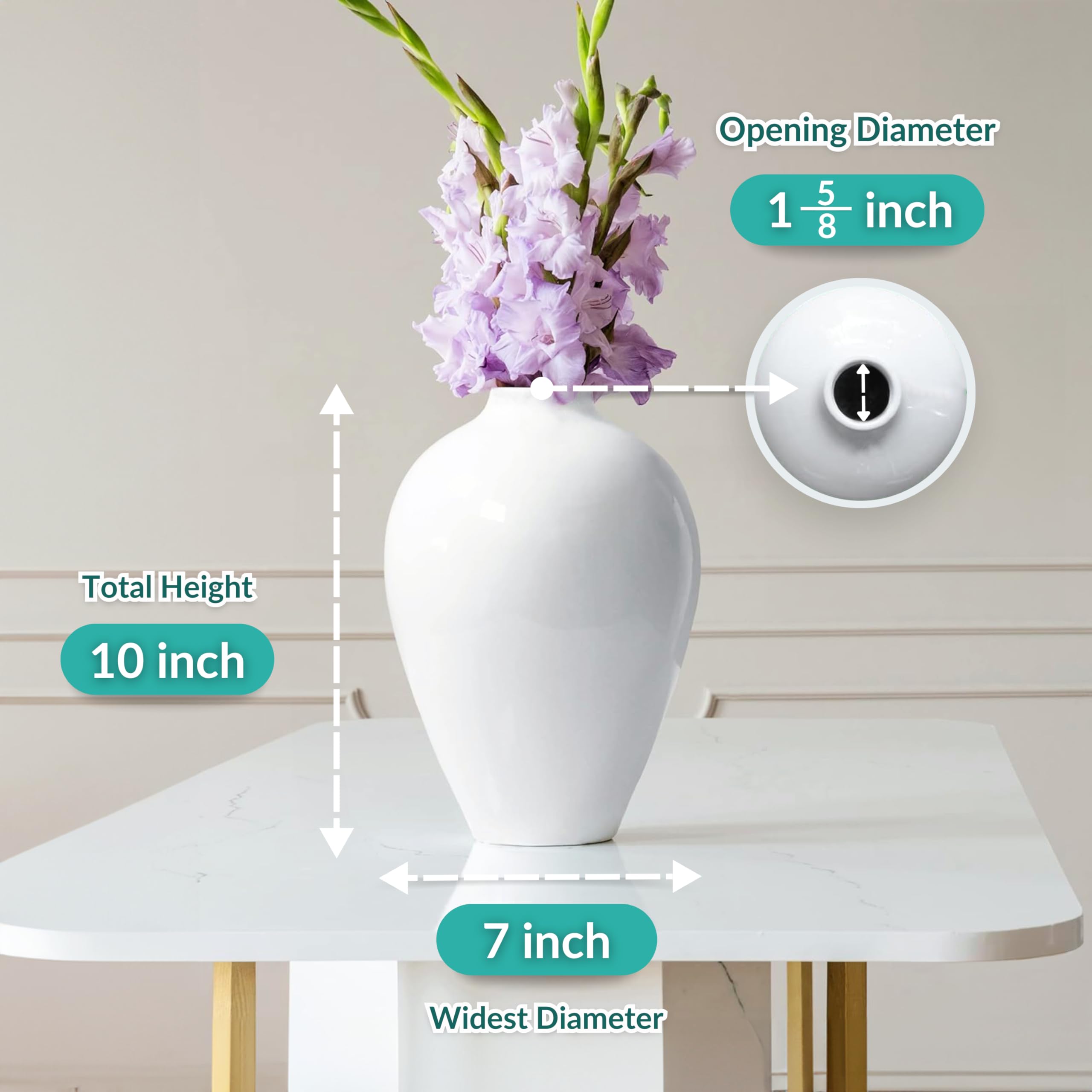 Willowy Porcelain Vase - 10 Inch White Ceramic Vase for Home Decor, Modern Farmhouse Style Large Flower Vase for Pampas Grass, Durable & Leak Proof - Perfect for Living Room, Dining Table, Wedding Centerpiece and Office Decor