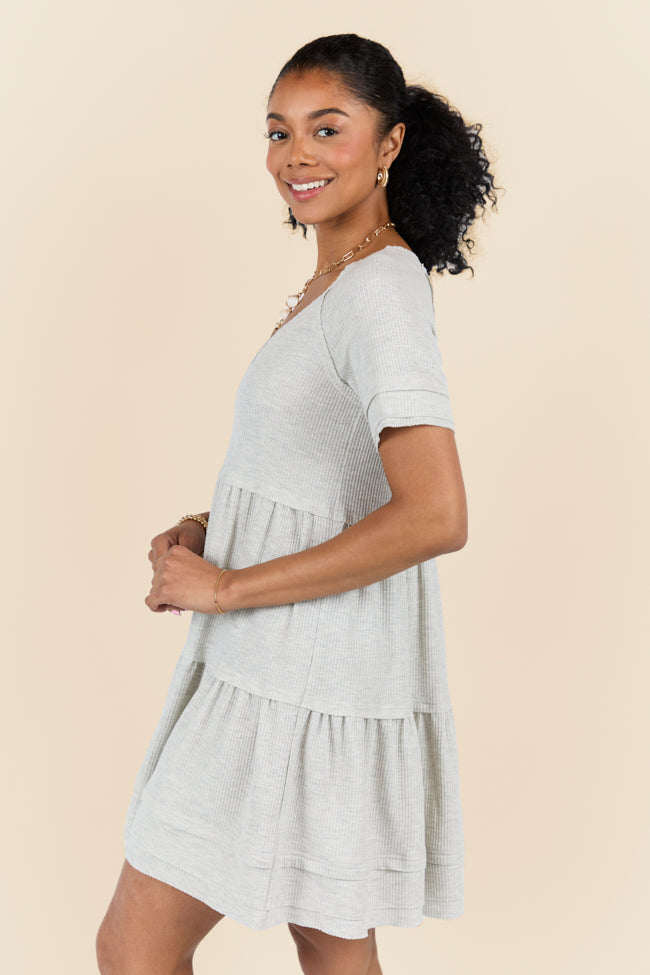 Heather Grey Waffle Knit V-Neck Short Sleeve Dress for Women - Casual Summer Outfit for Beach, Brunch & Date Night