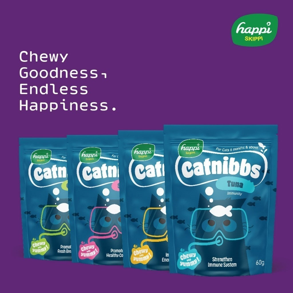 Happi Kippi Catnibbs Natural Cat Treats 60g - Tuna, Salmon, Chicken & Bonito Flavor with Fish Oil, Taurine, Seaweed & Coconut Oil - Healthy Chewy Snacks for Indoor & Outdoor Cats