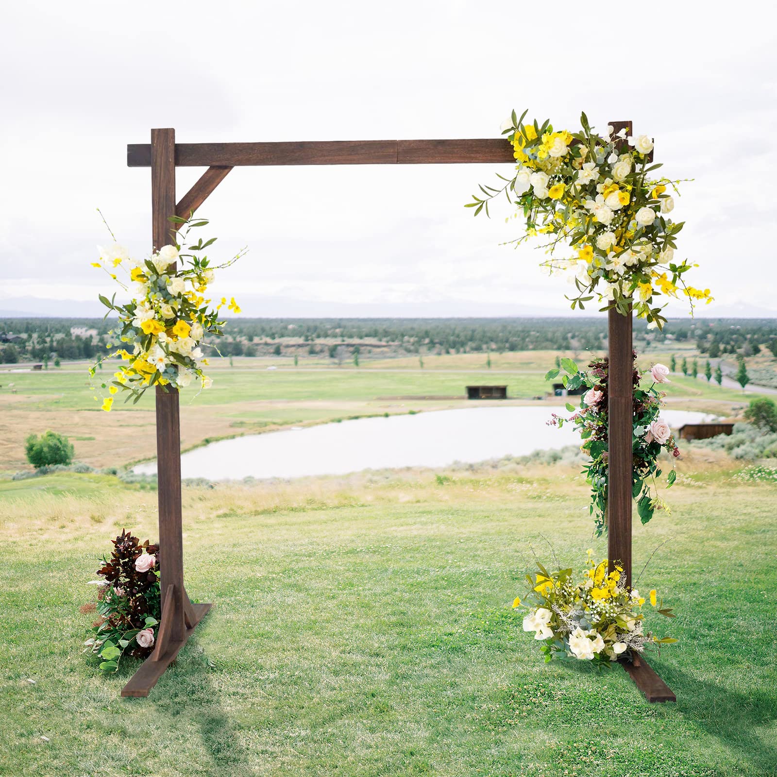 7FT Rustic Rectangle Wooden Backdrop Stand - Wedding Arch for Ceremony, Photo Booth, Party Decor - Brown Wood Background for Indoor/Outdoor Events