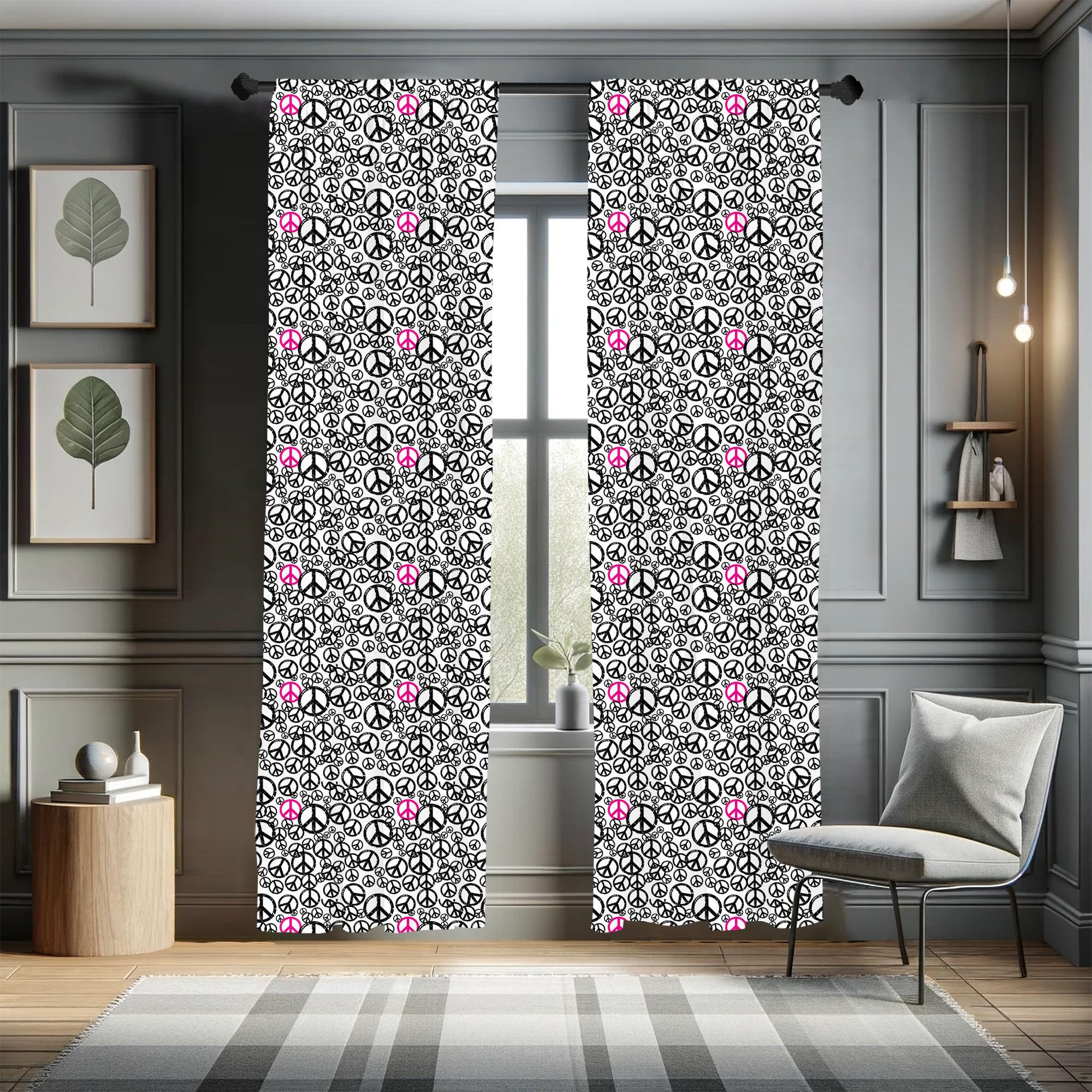 Groovy 60s Peace Sign Window Curtains - Pink & Black Grunge Design, Lightweight 2-Panel Set with Rod Pocket (28