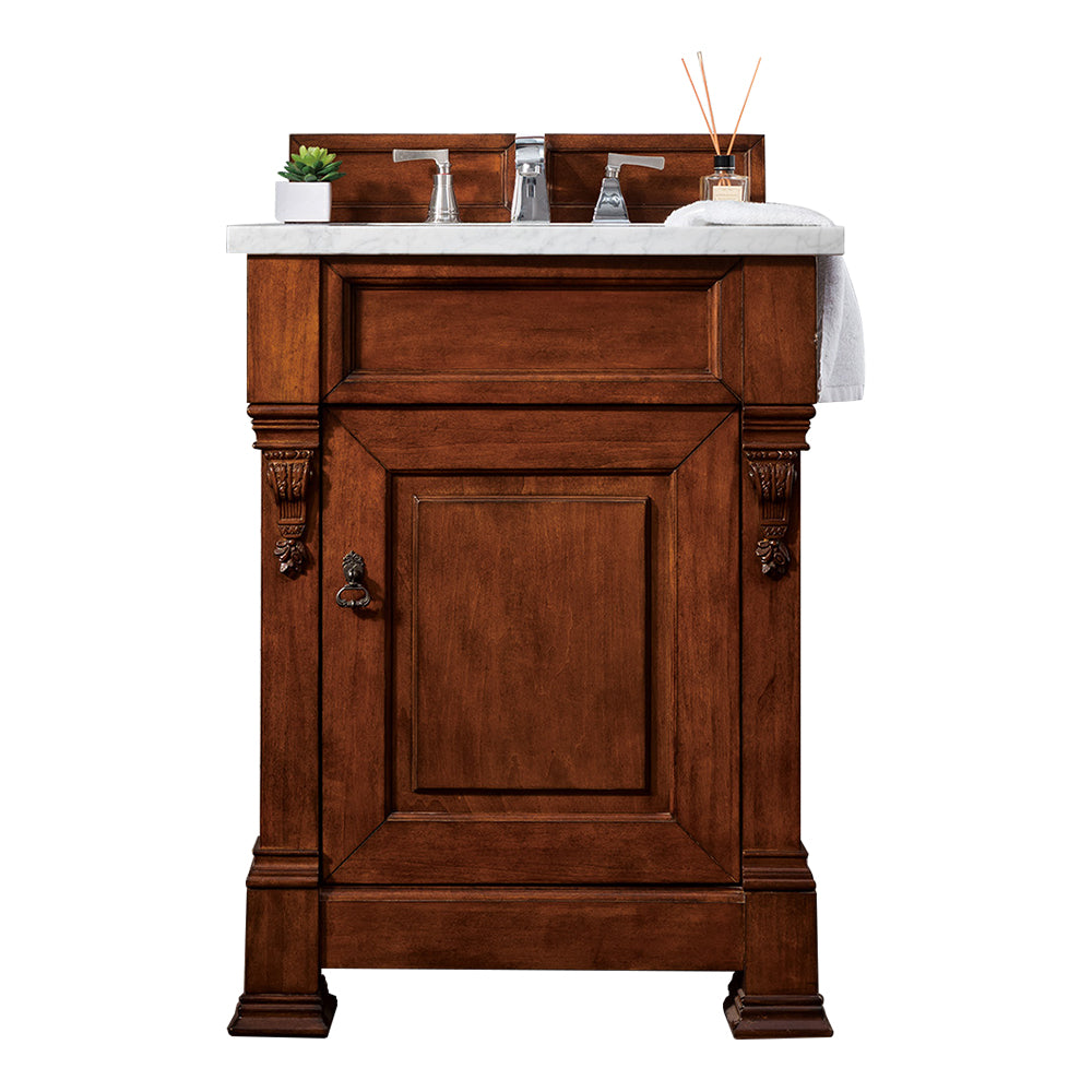 Brookfield 26 Inch Single Bathroom Vanity with Warm Cherry Finish & 3CM Carrara Marble Top - Perfect for Modern Home, Guest Bathroom, and Small Space Renovation