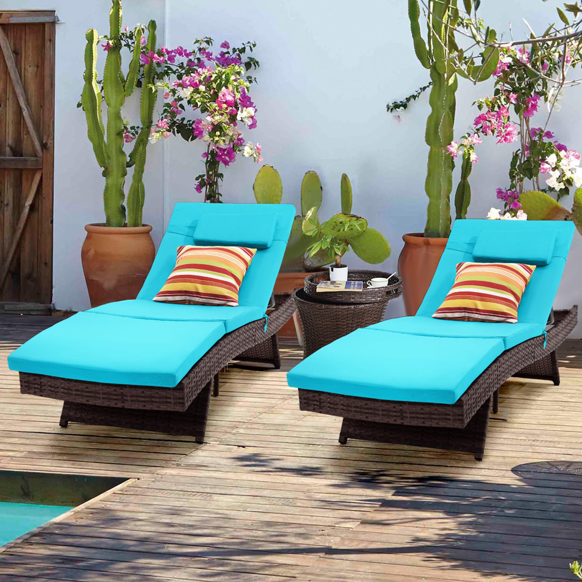 Sundale Outdoor Wicker Chaise Lounge Set of 2 - Adjustable Rattan Patio Lounge Chairs with Cushions & Pillows - Steel Frame, Turquoise - Perfect for Deck, Garden, Poolside & Indoor Use
