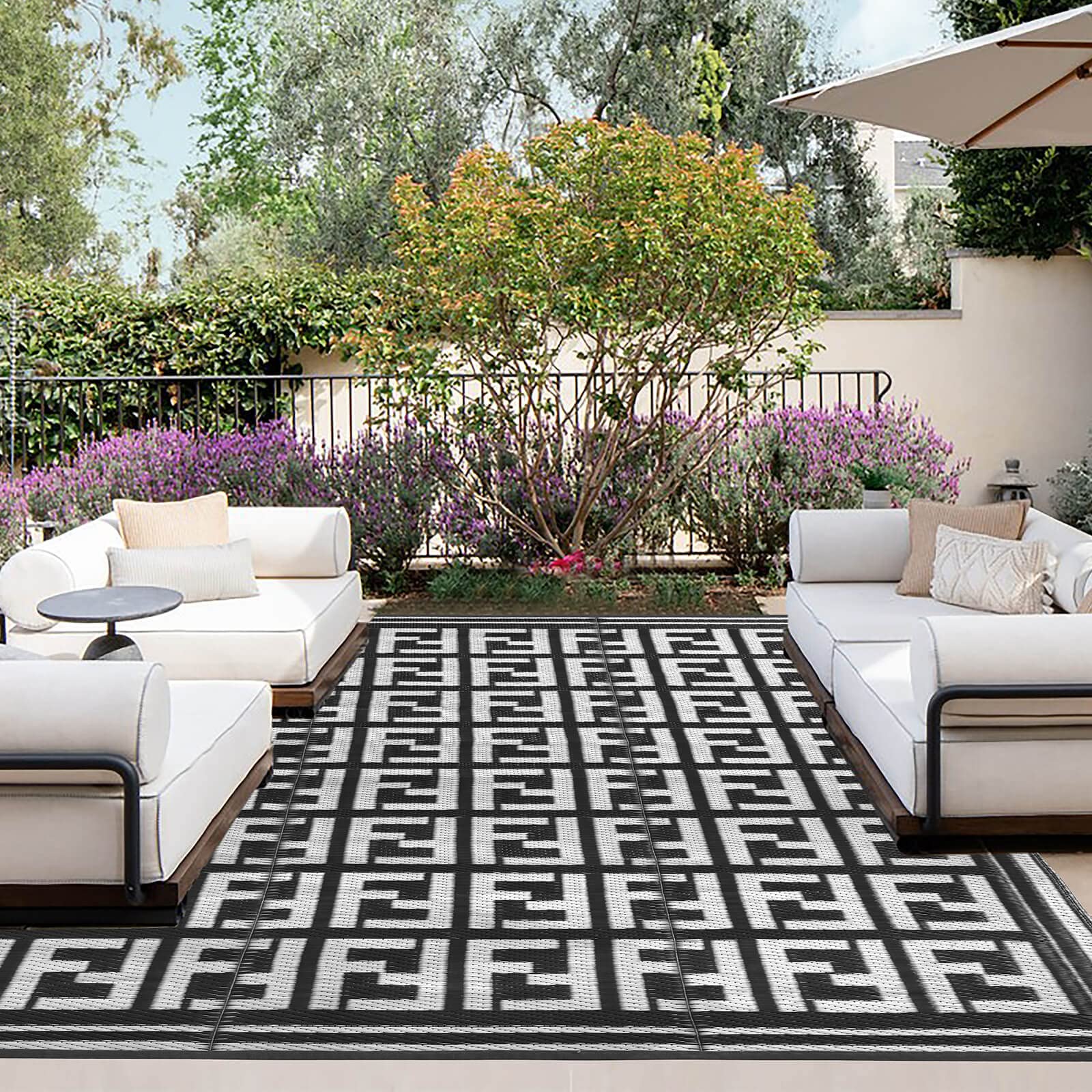 OutdoorLines 9x12 ft Reversible Outdoor Rug for Patio - UV & Stain Resistant Plastic Straw Mat for RV, Camping, Deck, Garden, Porch, Balcony - Geometric Black & Light Grey - Perfect for Outdoor Entertaining & Relaxation