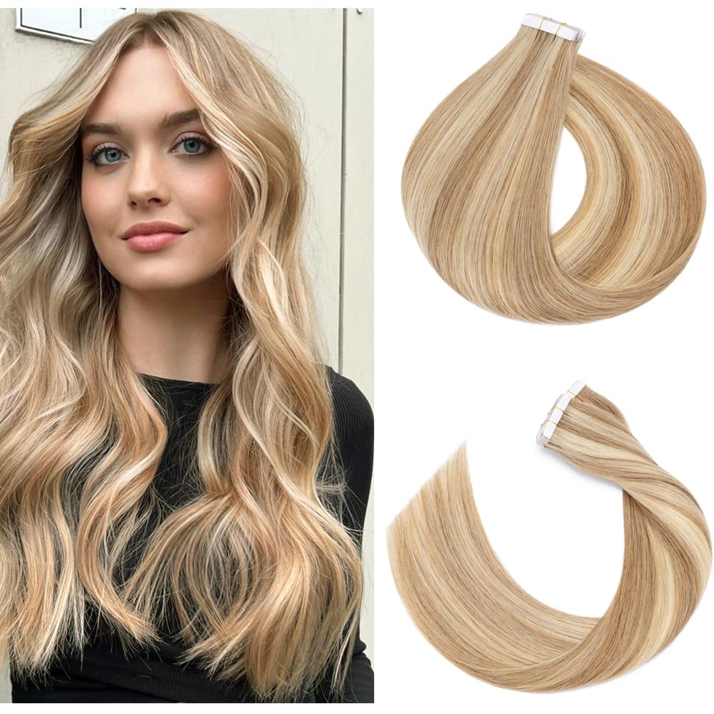 20pcs Tape in Hair Extensions 22 Inch - 100% Remy Human Hair, Double Sided, Seamless Straight, Balayage Golden Brown Highlighted Bleach Blonde (#12P613) - Perfect for Parties, Weddings & Daily Styling