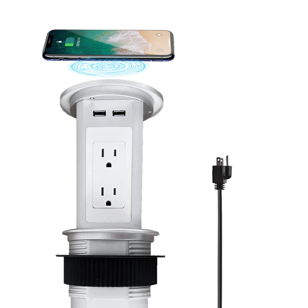 ZESHAN Pop Up Outlet with Wireless Charger - 4 AC Outlets & 2 USB C Ports - 1.8M Extension Cord for Kitchen Countertop, Office Desk, Bedroom - Smart Space-Saving Power Strip (Silver)