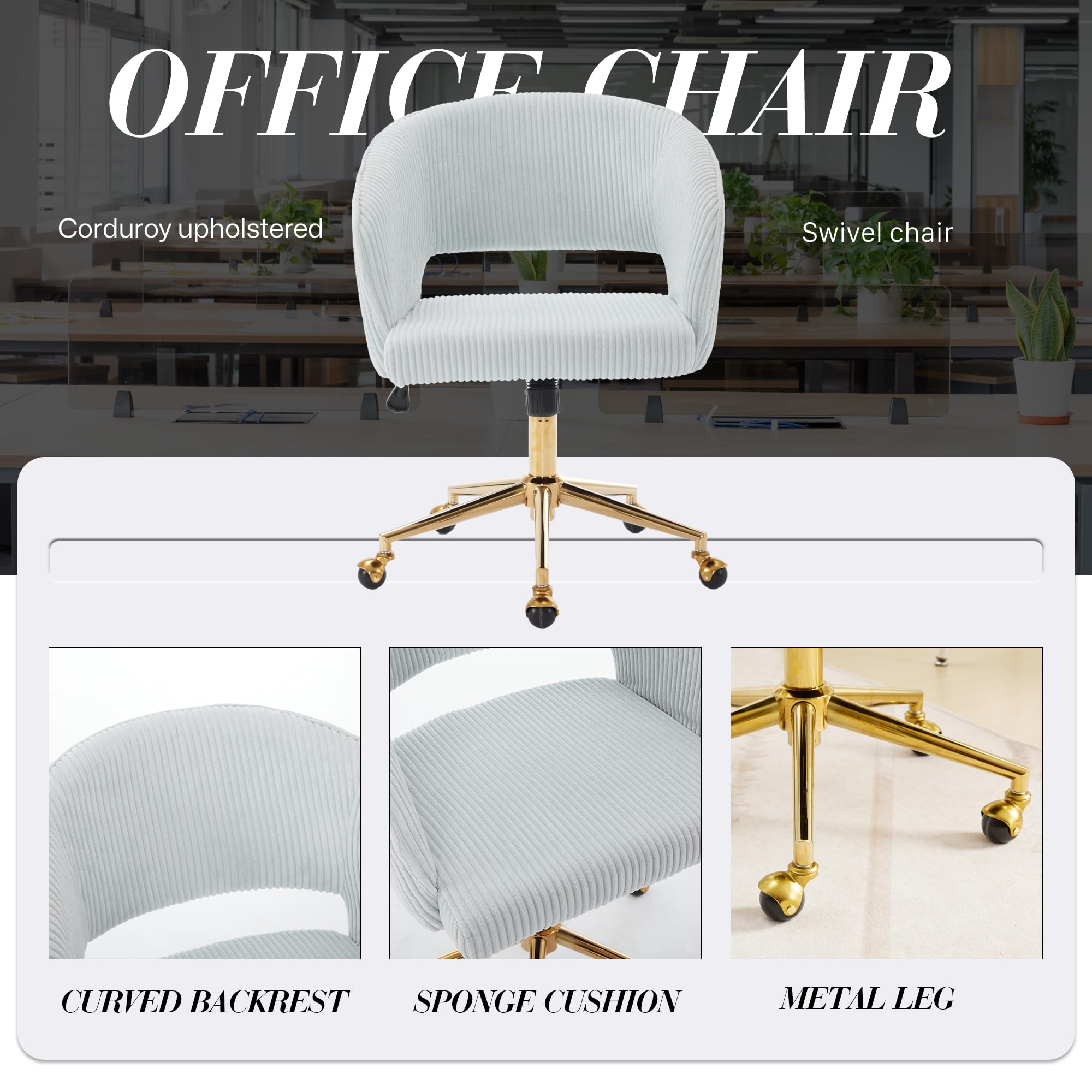 Ergonomic Swivel Office Chair with Corduroy Fabric & Gold Base - Comfortable Tufted Desk Chair for Women, Girls, Home Office, Study & Computer Work - Light Blue Accent Armchair for Living Room & Workspace