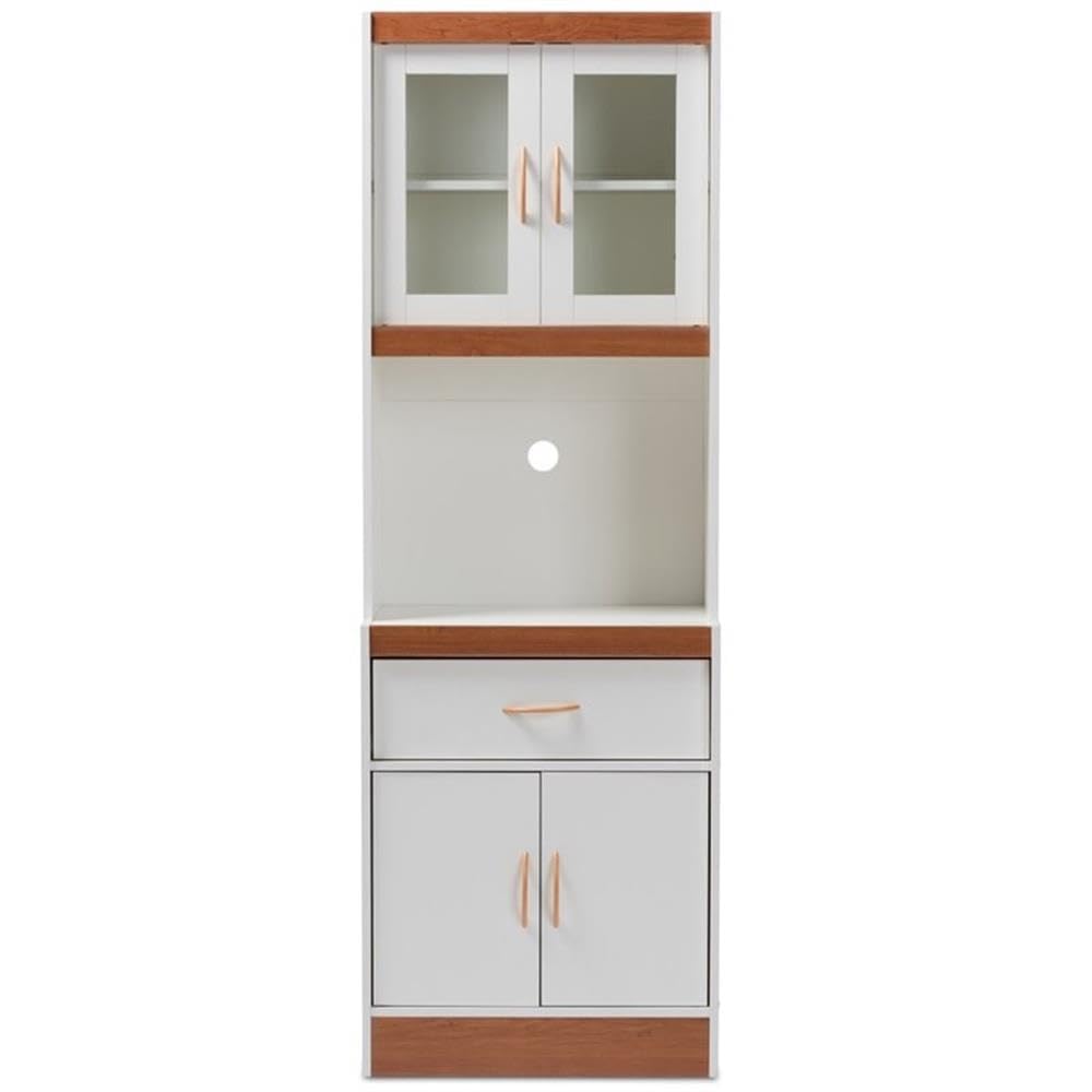 BOWERY HILL Modern White and Cherry Kitchen Pantry Cabinet with Hutch & Storage Drawer - Perfect for Small Space Organization, Farmhouse Decor, and Kitchen Storage Solutions