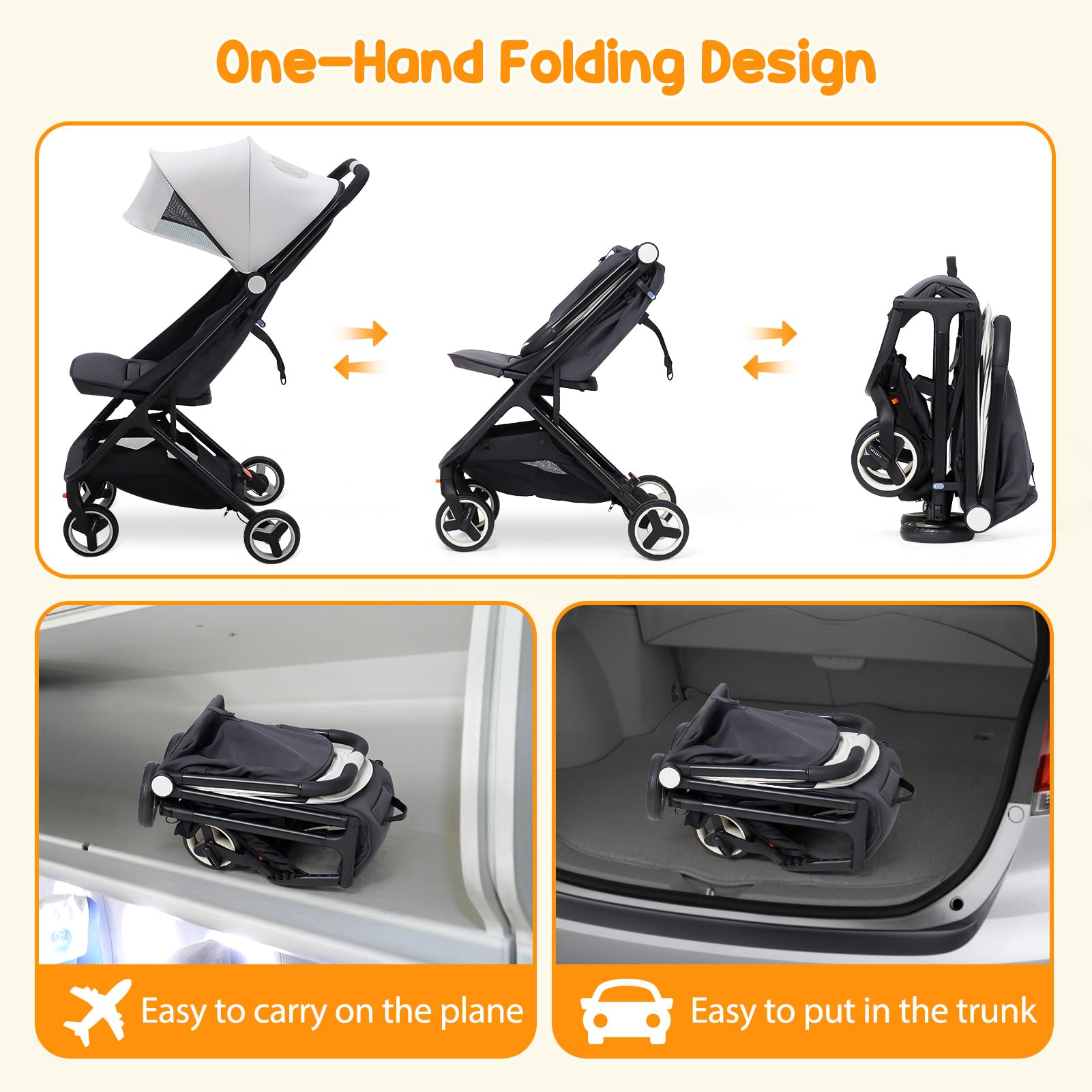 GAOMON Lightweight Compact Stroller - One-Hand Fold Travel Stroller for Airplane, Reclining Seat with Sun Canopy | Perfect for Travel, Shopping & Daily Use with Baby