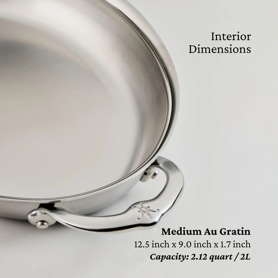 Hestan Provisions Stainless Steel Medium Clad Oval Au Gratin Dish 12.5 x 9 Inch - Perfect for Baking, Roasting & Serving Casseroles, Gratins & Side Dishes