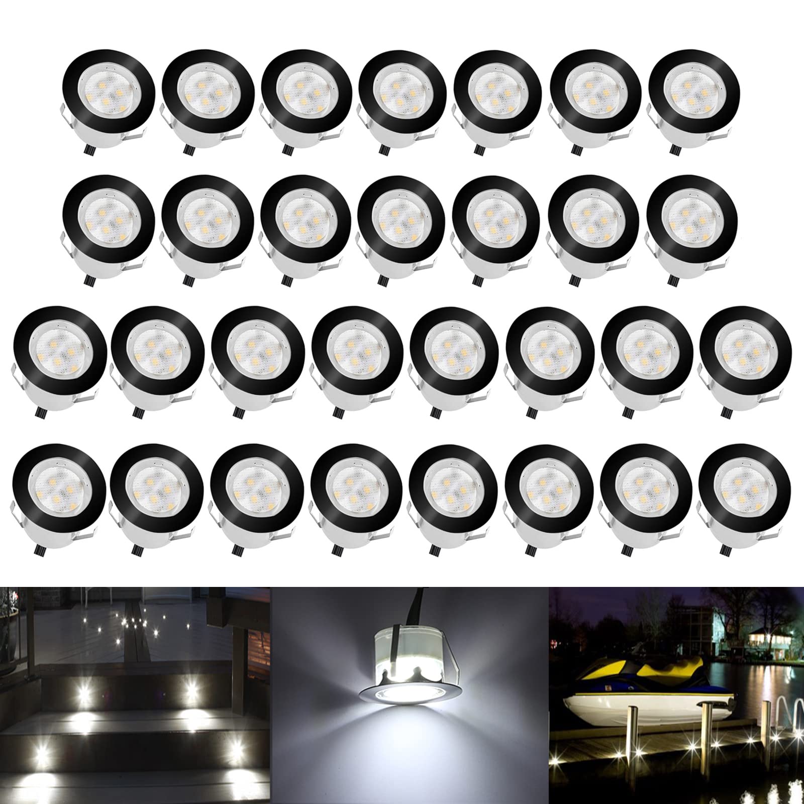 **30pcs Cool White 1W Waterproof Low Voltage Deck Lights - Stainless Steel Outdoor Landscape Lighting Kit for Yard, Garden, Pathway, Patio & Stairs - Durable Black Border Design (Perfect for Evening Ambiance & Safety Lighting)**