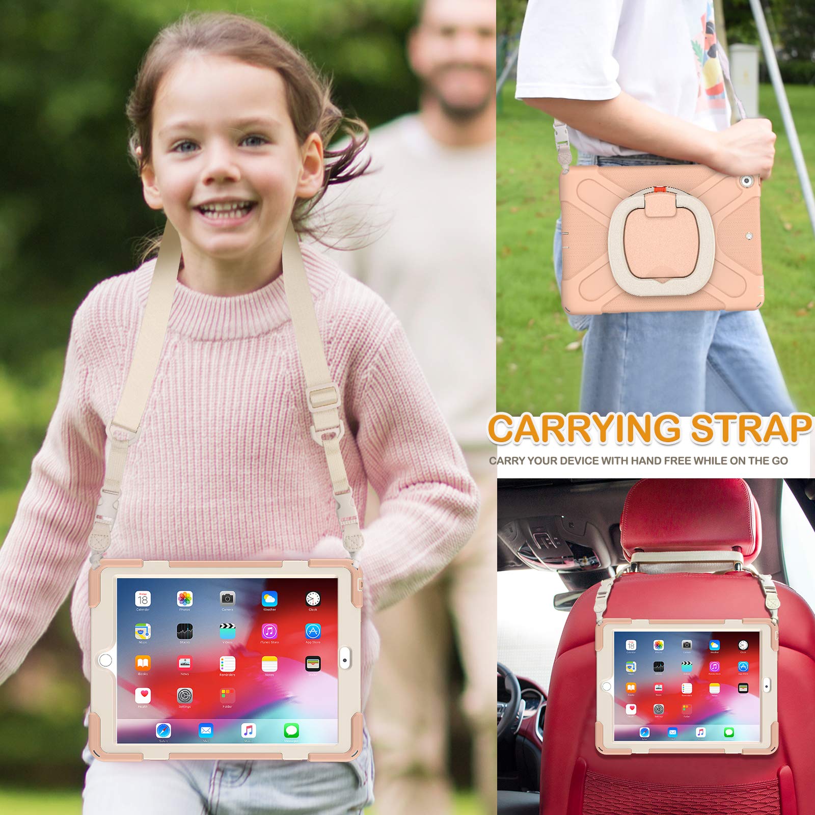 BRAECN Kids Protective Case for iPad 9th/8th/7th Generation (2021/2020/2019) 10.2 Inch - Shockproof Silicone Cover with Shoulder Strap, Handle Grip, Stand, Built-in Screen Protector & Apple Pencil Holder - Rose Gold | Perfect for School, Travel & Home Use